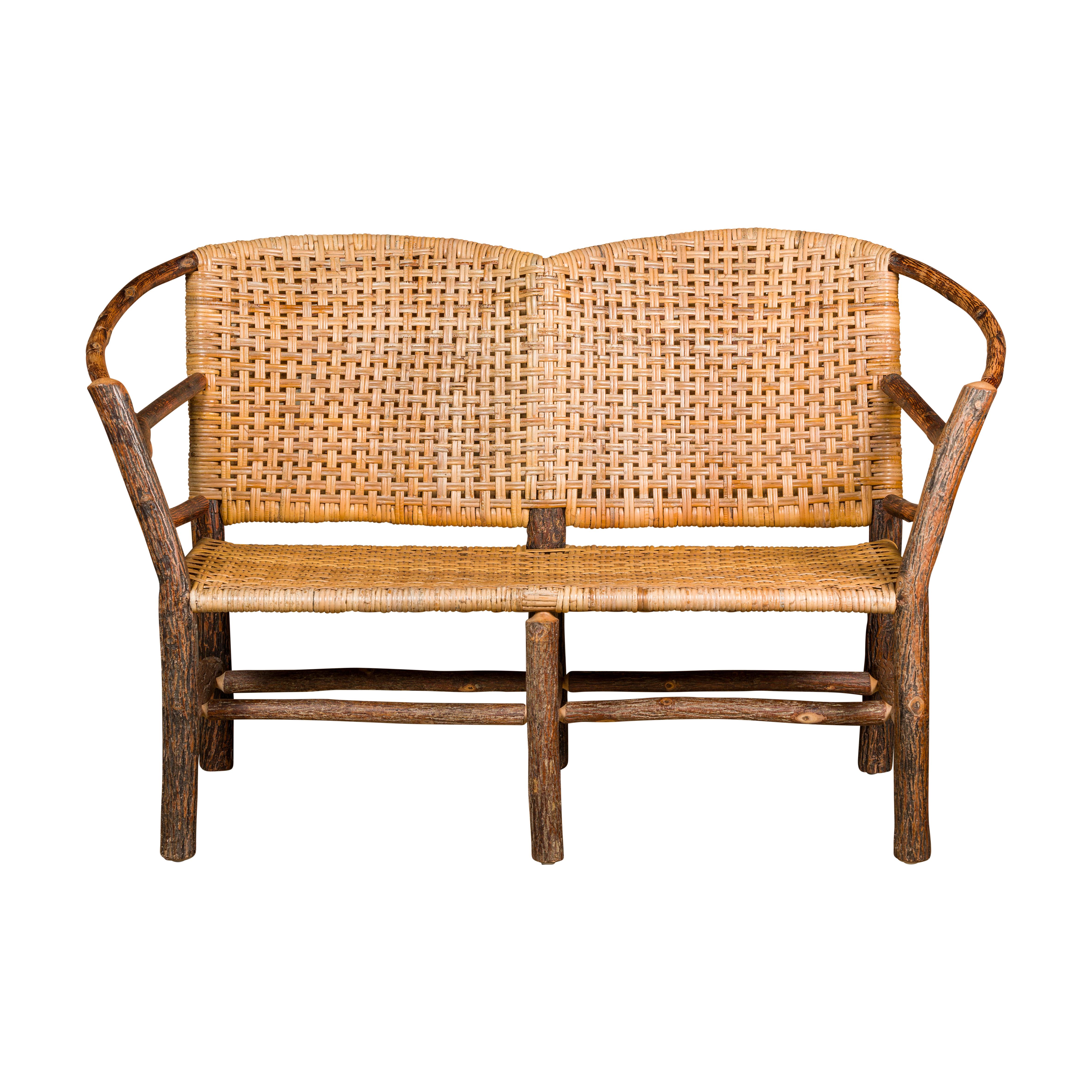Vintage Old Hickory Hoop Settee with Woven Rattan Back and Seat For Sale 6