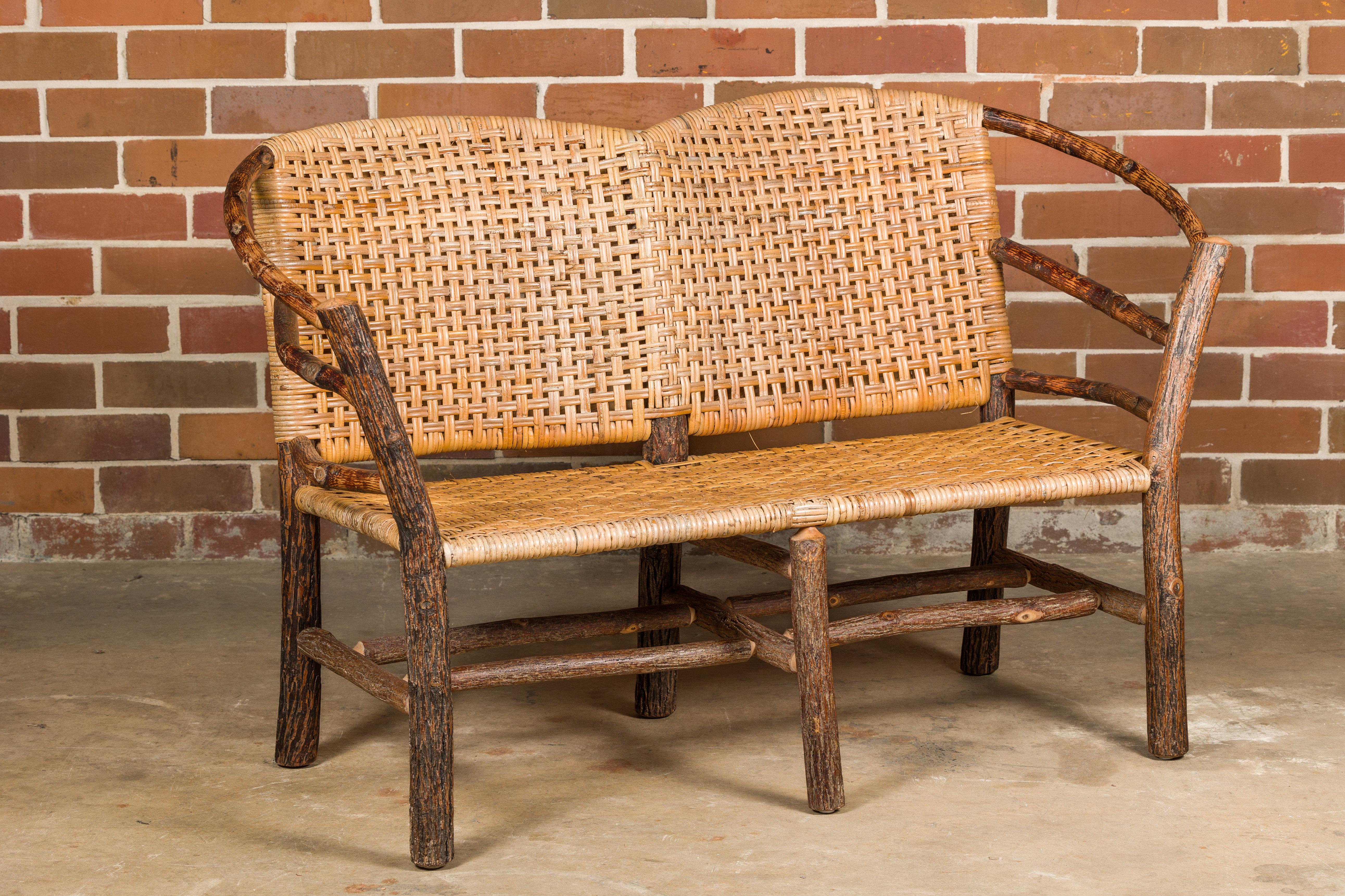 Rustic Vintage Old Hickory Hoop Settee with Woven Rattan Back and Seat For Sale