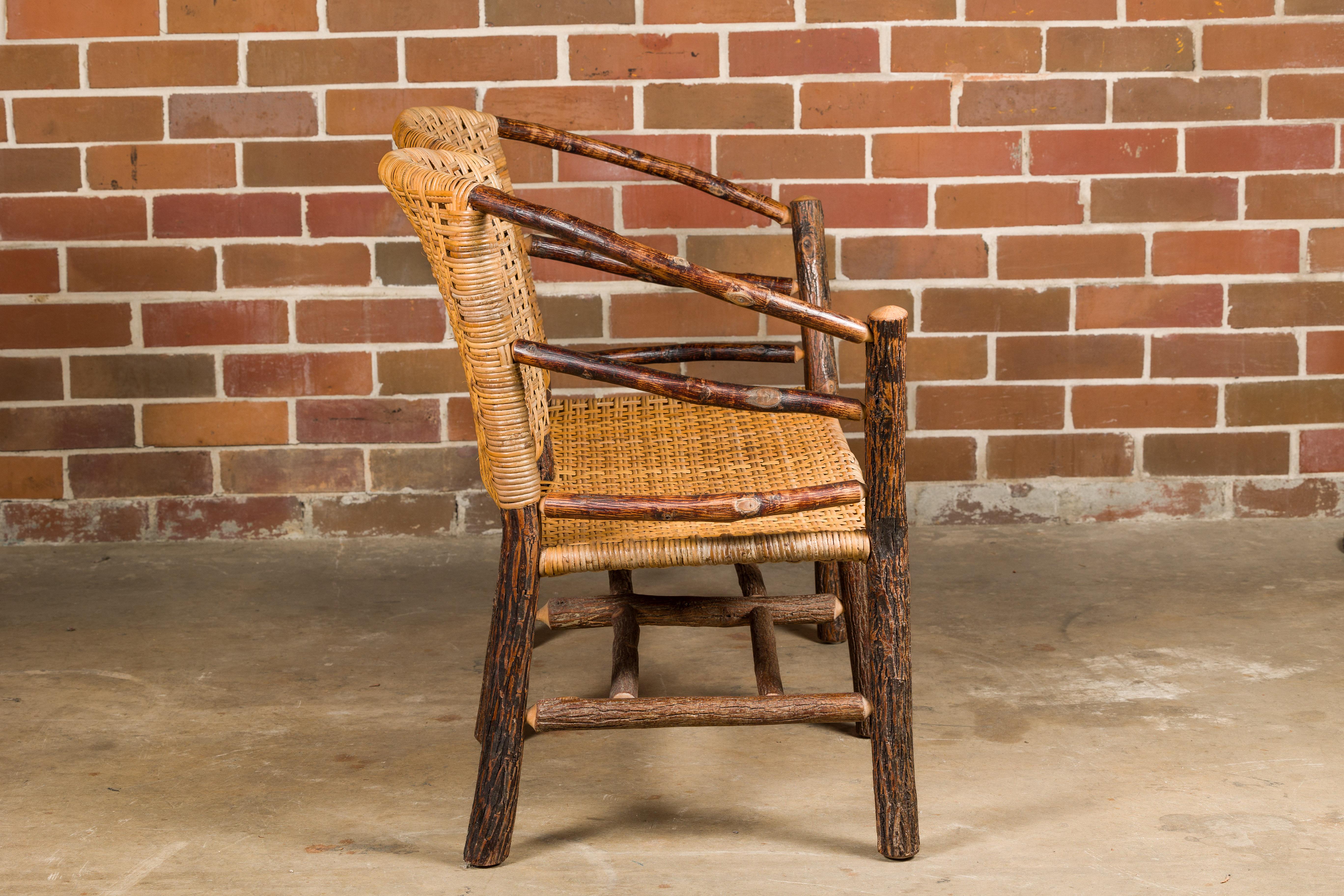 American Vintage Old Hickory Hoop Settee with Woven Rattan Back and Seat For Sale