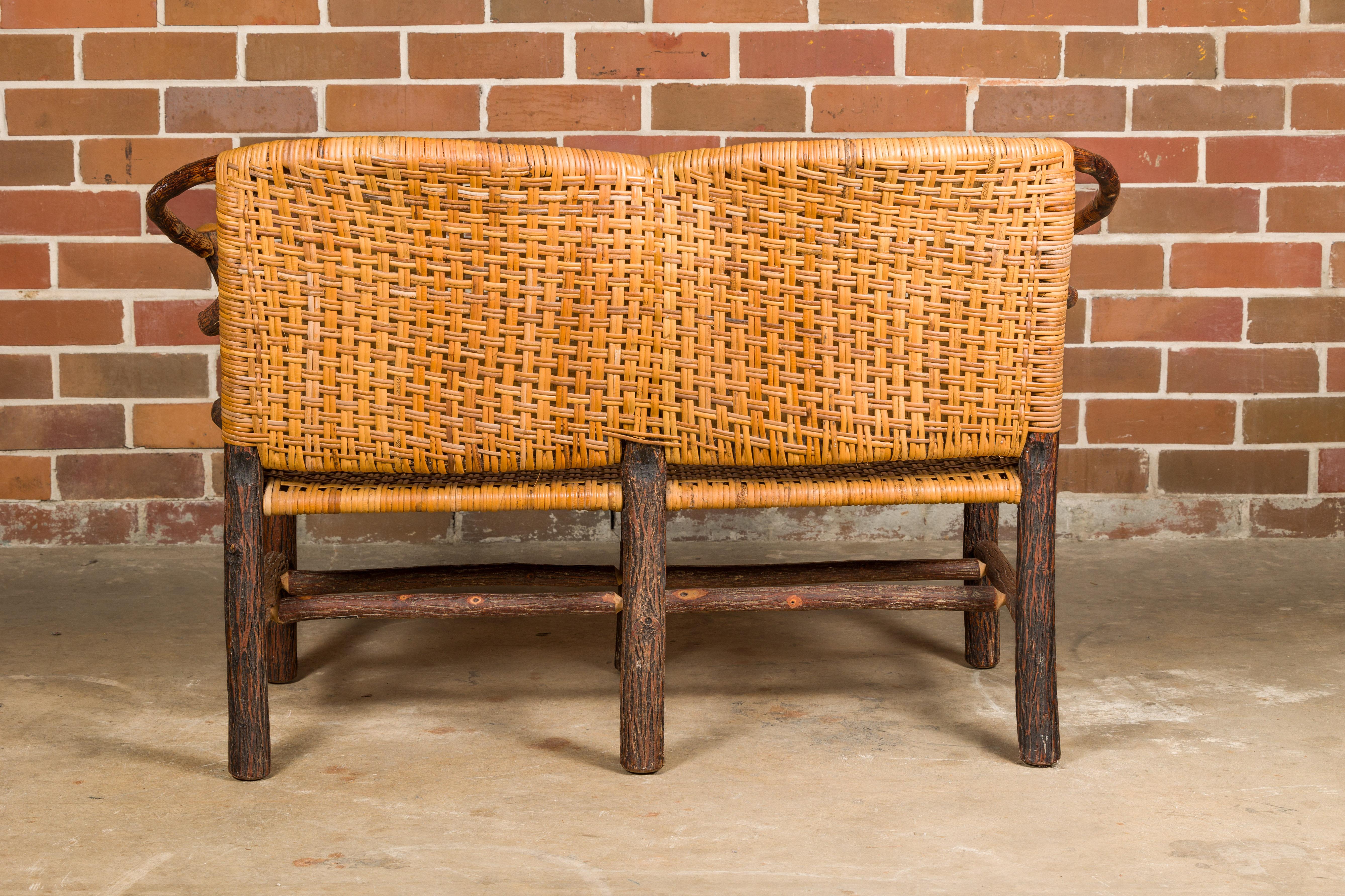 Carved Vintage Old Hickory Hoop Settee with Woven Rattan Back and Seat For Sale