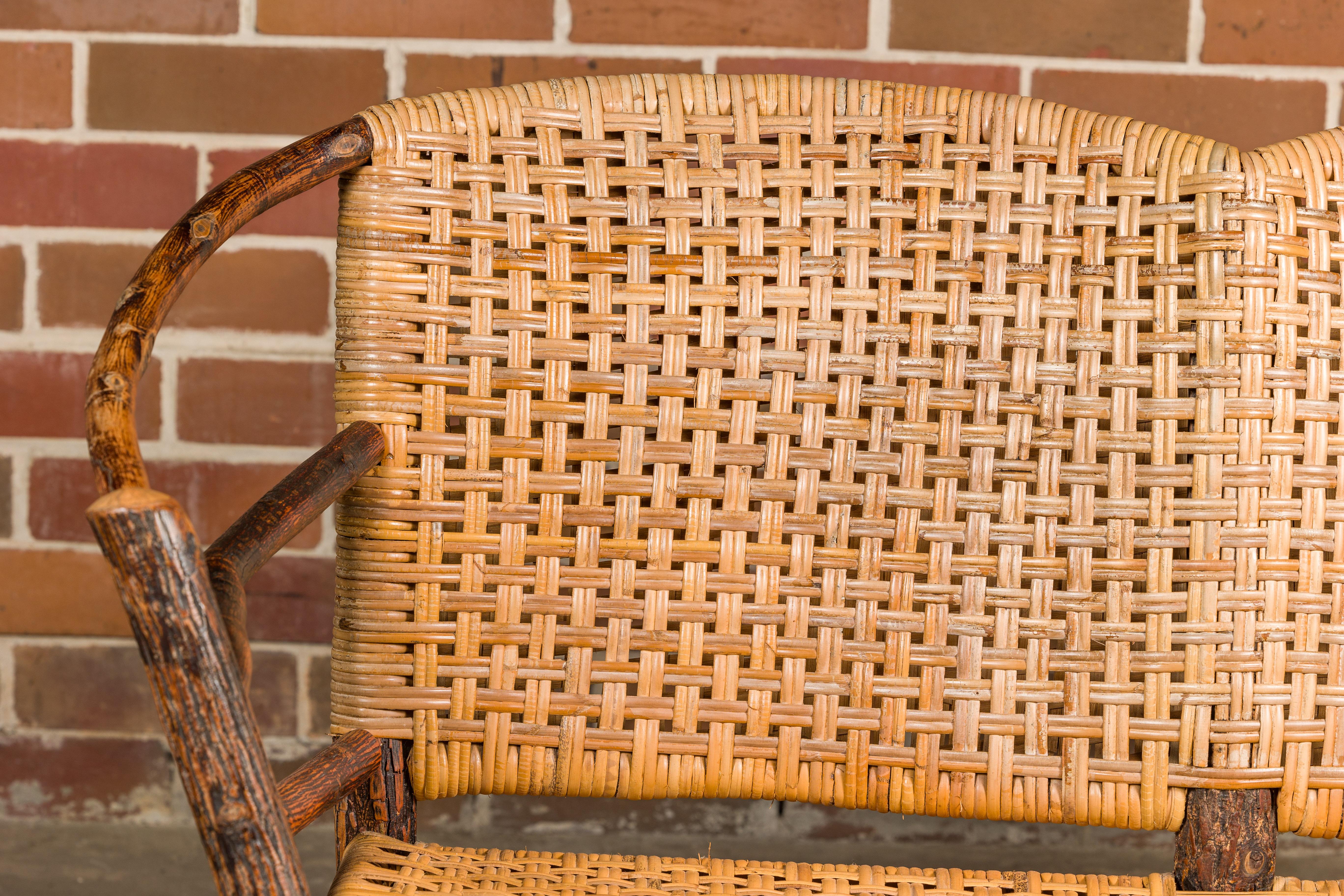 20th Century Vintage Old Hickory Hoop Settee with Woven Rattan Back and Seat For Sale