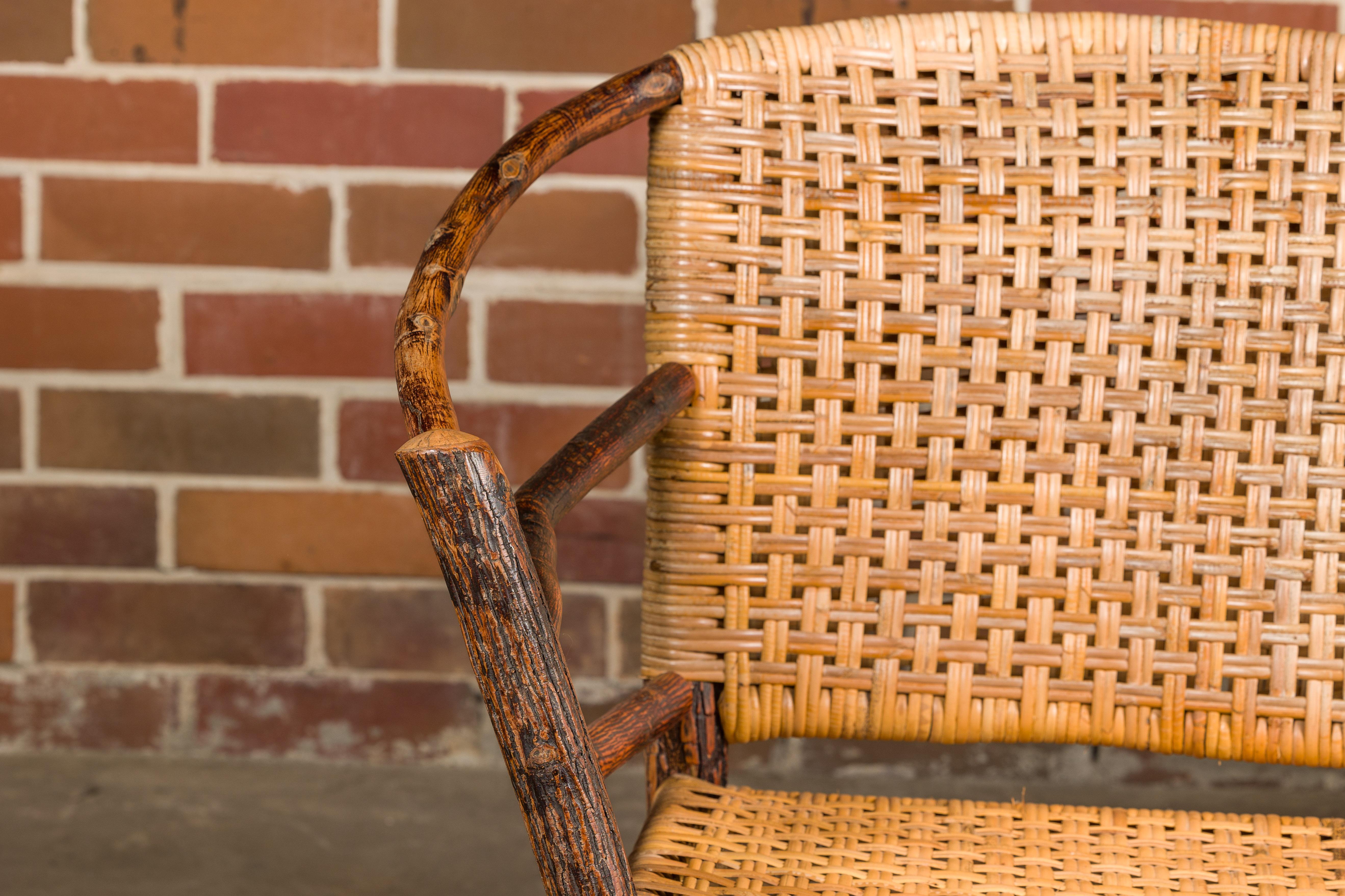 Wood Vintage Old Hickory Hoop Settee with Woven Rattan Back and Seat For Sale