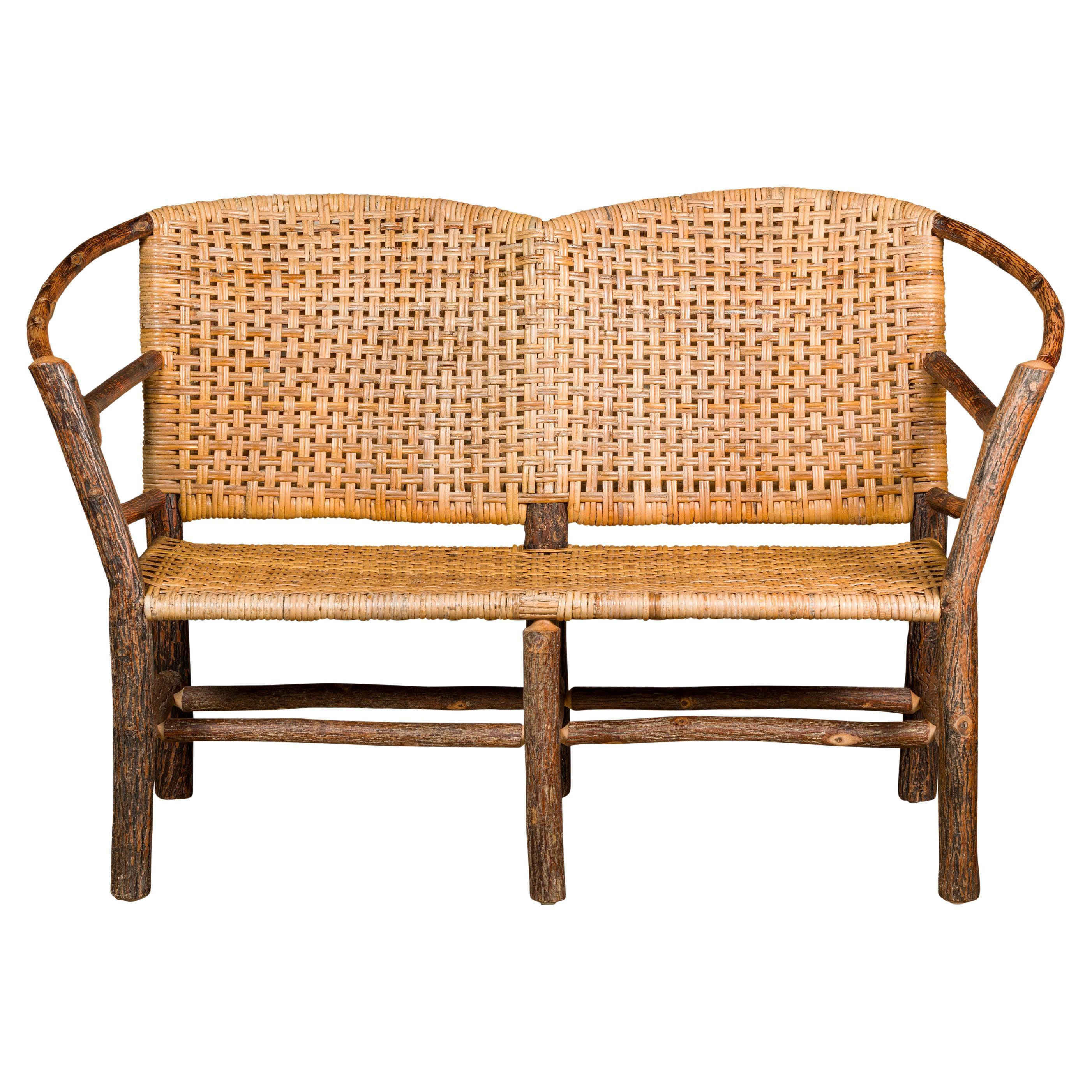 Vintage Old Hickory Hoop Settee with Woven Rattan Back and Seat For Sale