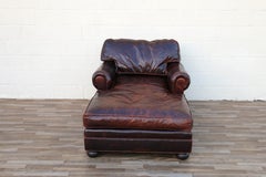 Vintage Old Hickory Tannery Brown Leather Chaise Lounge Chair, Feather Cushions