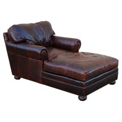 Vintage Old Hickory Tannery Brown Leather Chaise Lounge Chair, Feather Cushions