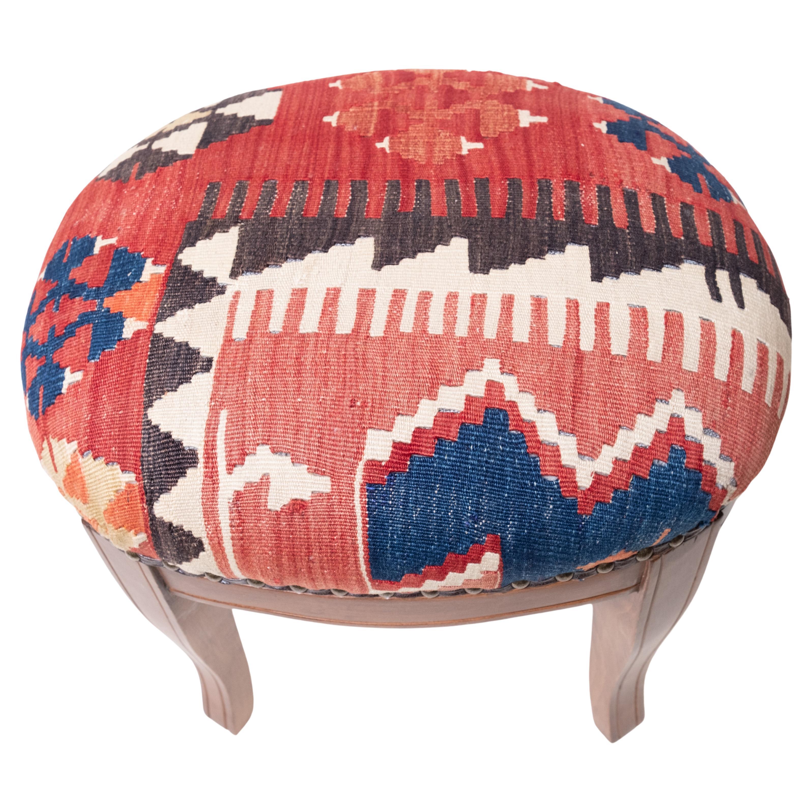 Custom Made Modern Ottoman with Vintage Turkish Anatolian Kilim Cover & Oak Wood For Sale