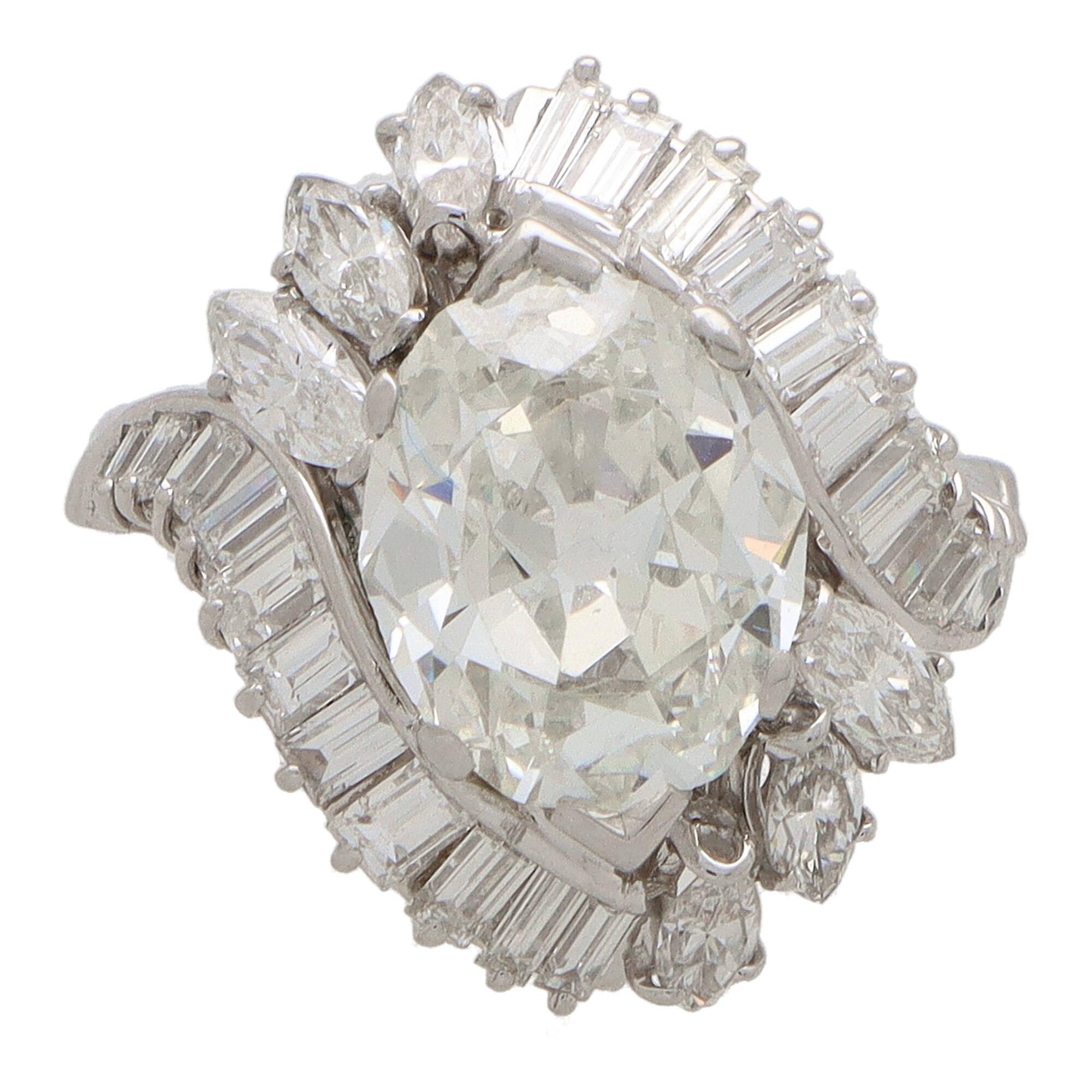 Retro Vintage Old Marquise Cut Diamond Cluster Ring in Platinum For Sale