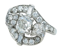 Vintage Old Mine, Baguette and Round Diamond Bypass Cocktail Ring in Platinum
