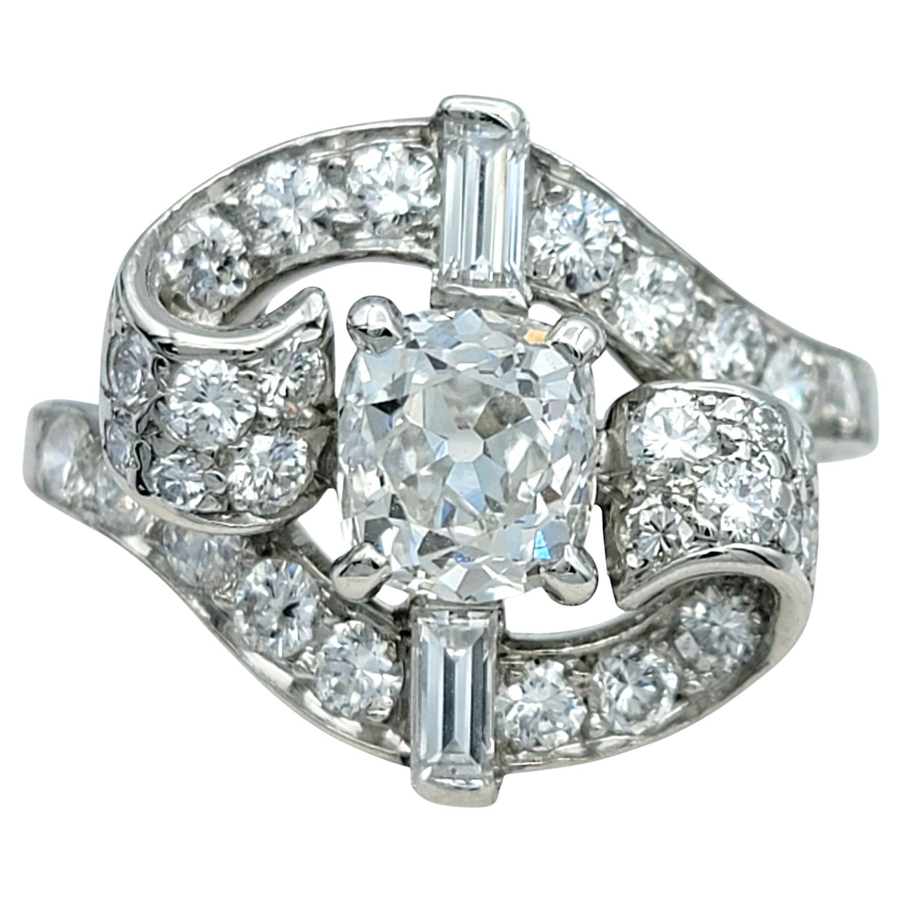 Vintage Old Mine, Baguette and Round Diamond Bypass Cocktail Ring in Platinum