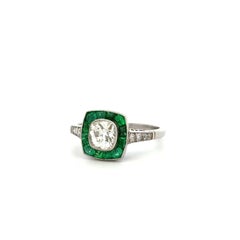Vintage Old Mine Cushion Diamond, Emerald and Single Cut Diamond Platinum Ring