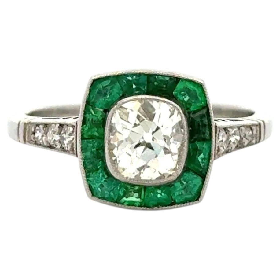 Vintage Old Mine Cushion Diamond, Emerald and Single Cut Diamond Platinum Ring