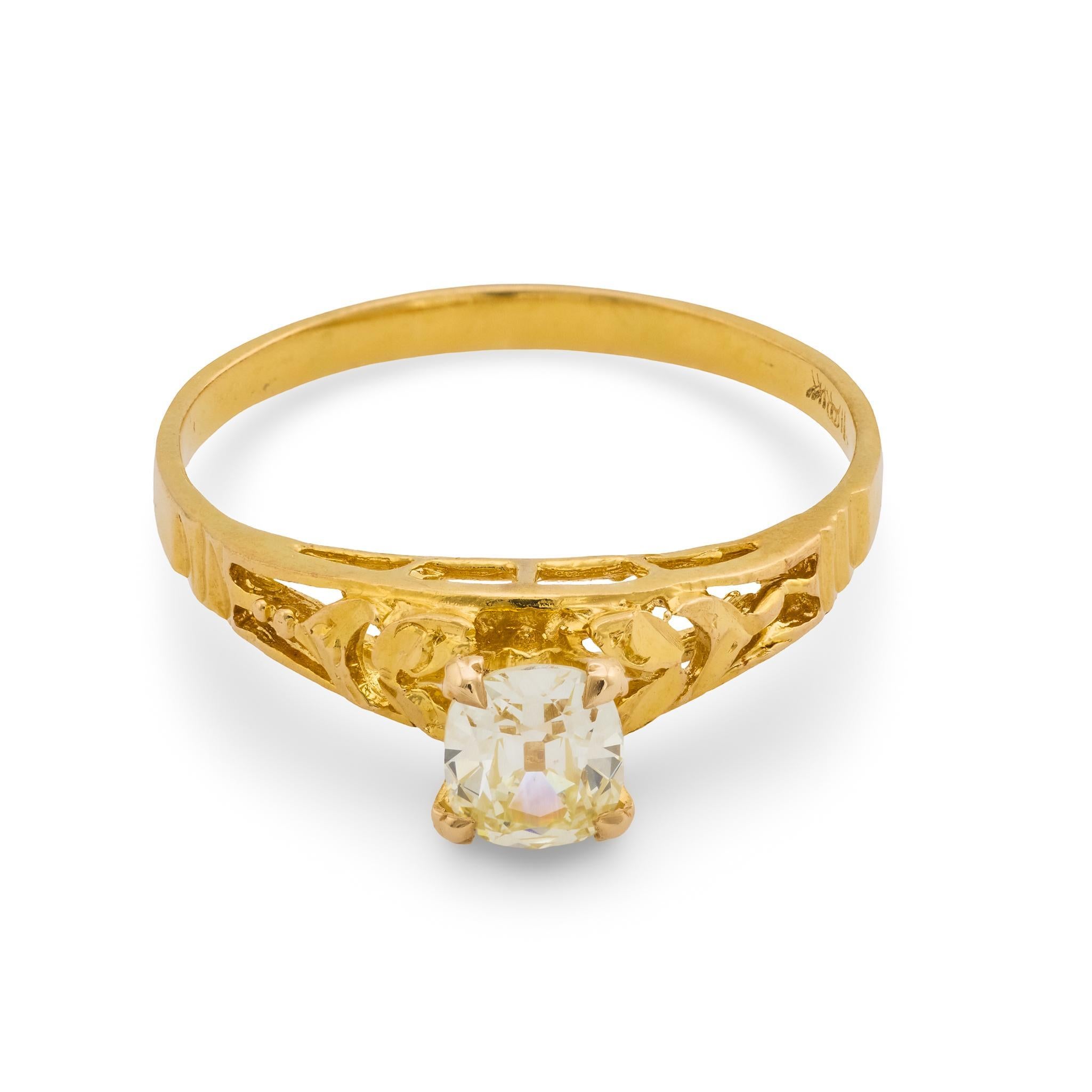 Vintage old mine cut Diamant 18k Gelbgold Solitär Verlobungsring (Zeitgenössisch) im Angebot