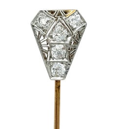 Vintage Old Mine Cut Diamond and Filigree Stick Pin in Yellow Gold and Platinum