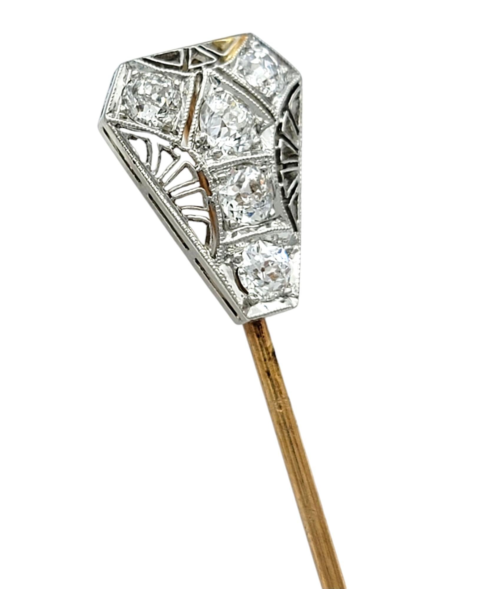 Edwardian Vintage Old Mine Cut Diamond and Filigree Stick Pin in Yellow Gold and Platinum For Sale
