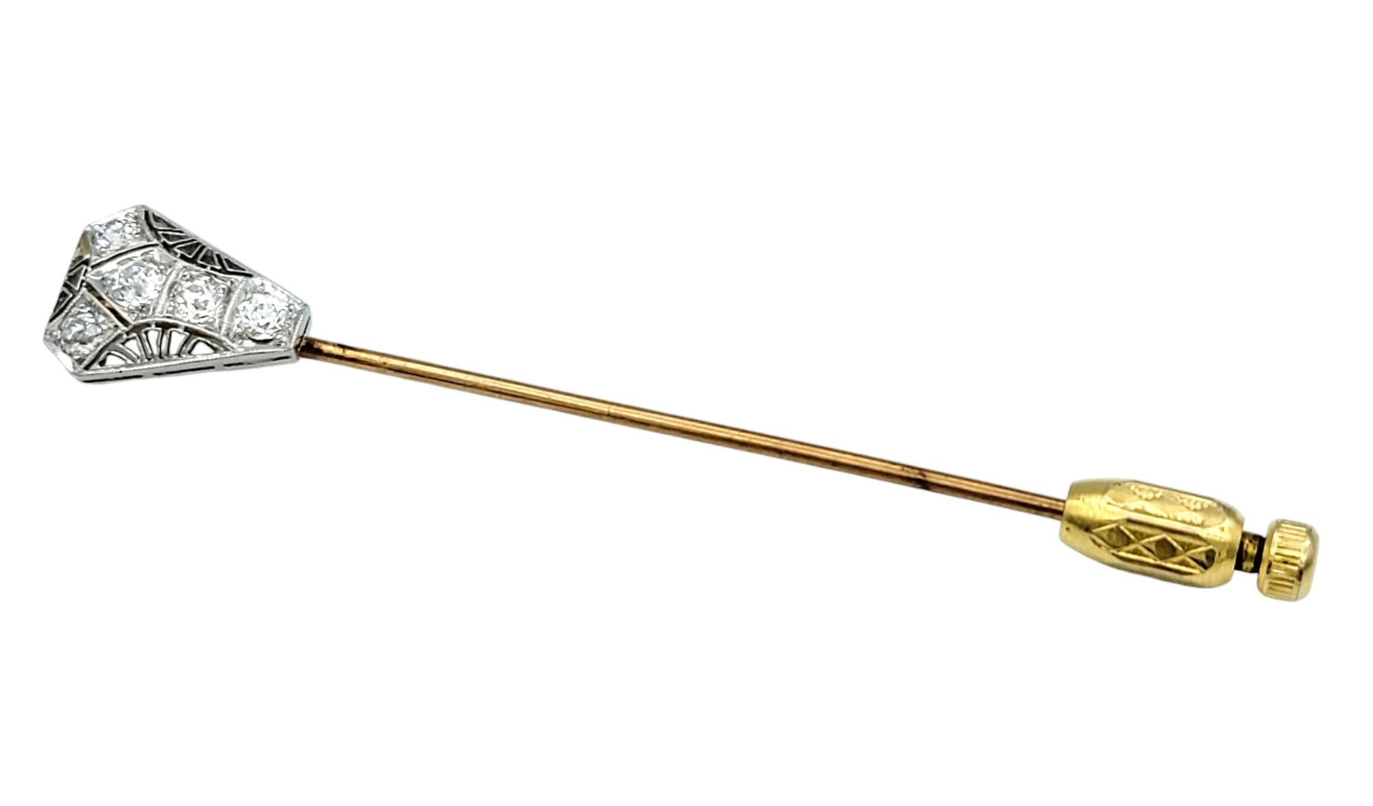 Vintage Old Mine Cut Diamond and Filigree Stick Pin in Yellow Gold and Platinum In Good Condition For Sale In Scottsdale, AZ