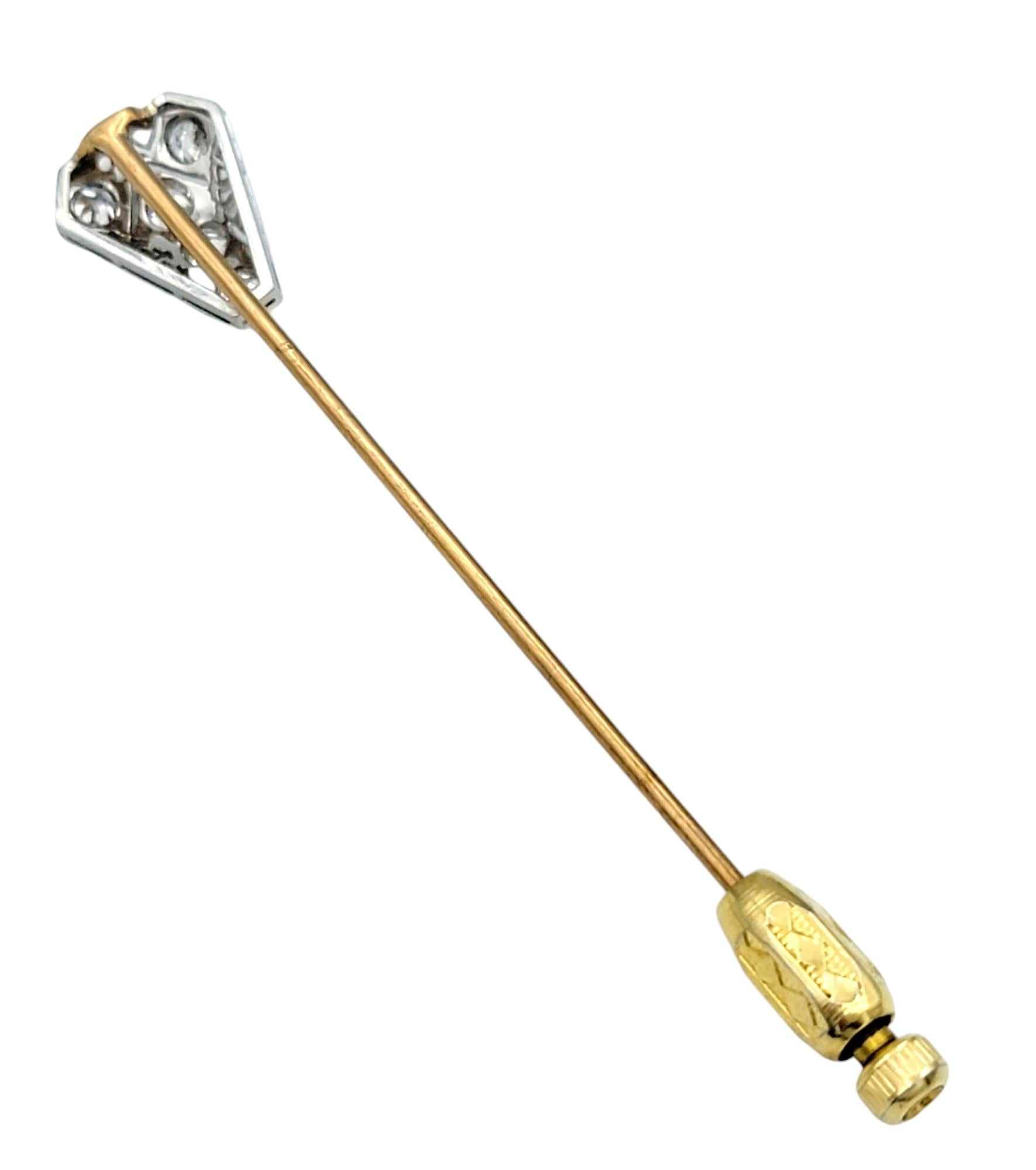 Women's Vintage Old Mine Cut Diamond and Filigree Stick Pin in Yellow Gold and Platinum For Sale