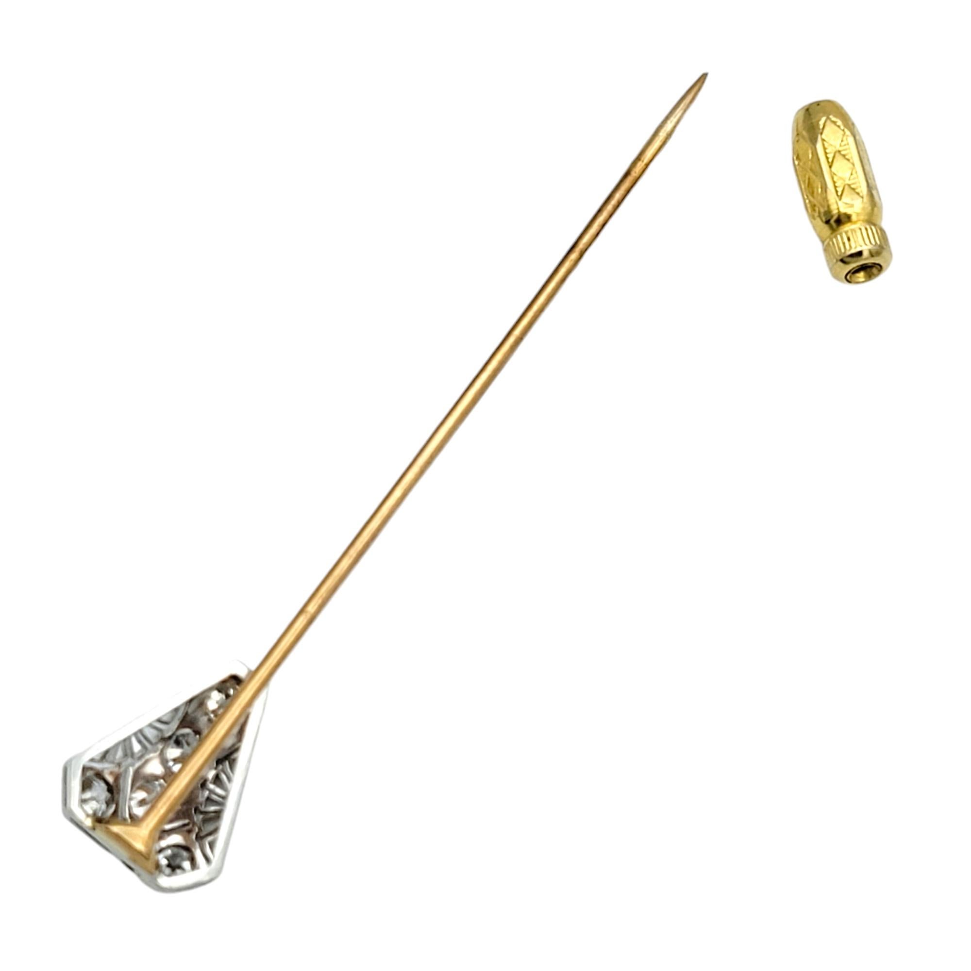 Vintage Old Mine Cut Diamond and Filigree Stick Pin in Yellow Gold and Platinum For Sale 1
