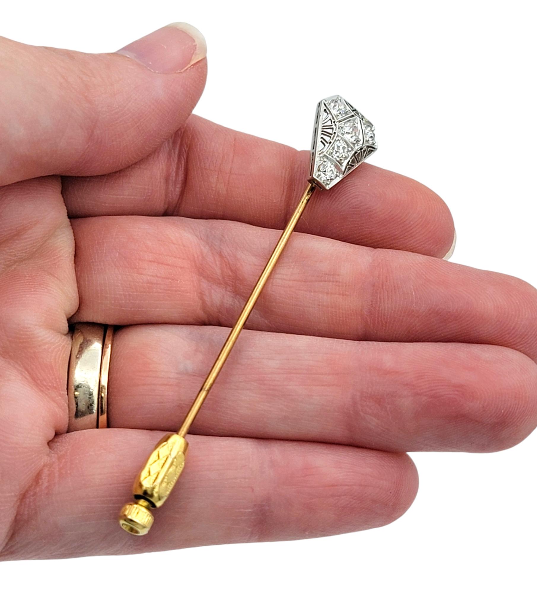 Vintage Old Mine Cut Diamond and Filigree Stick Pin in Yellow Gold and Platinum For Sale 3