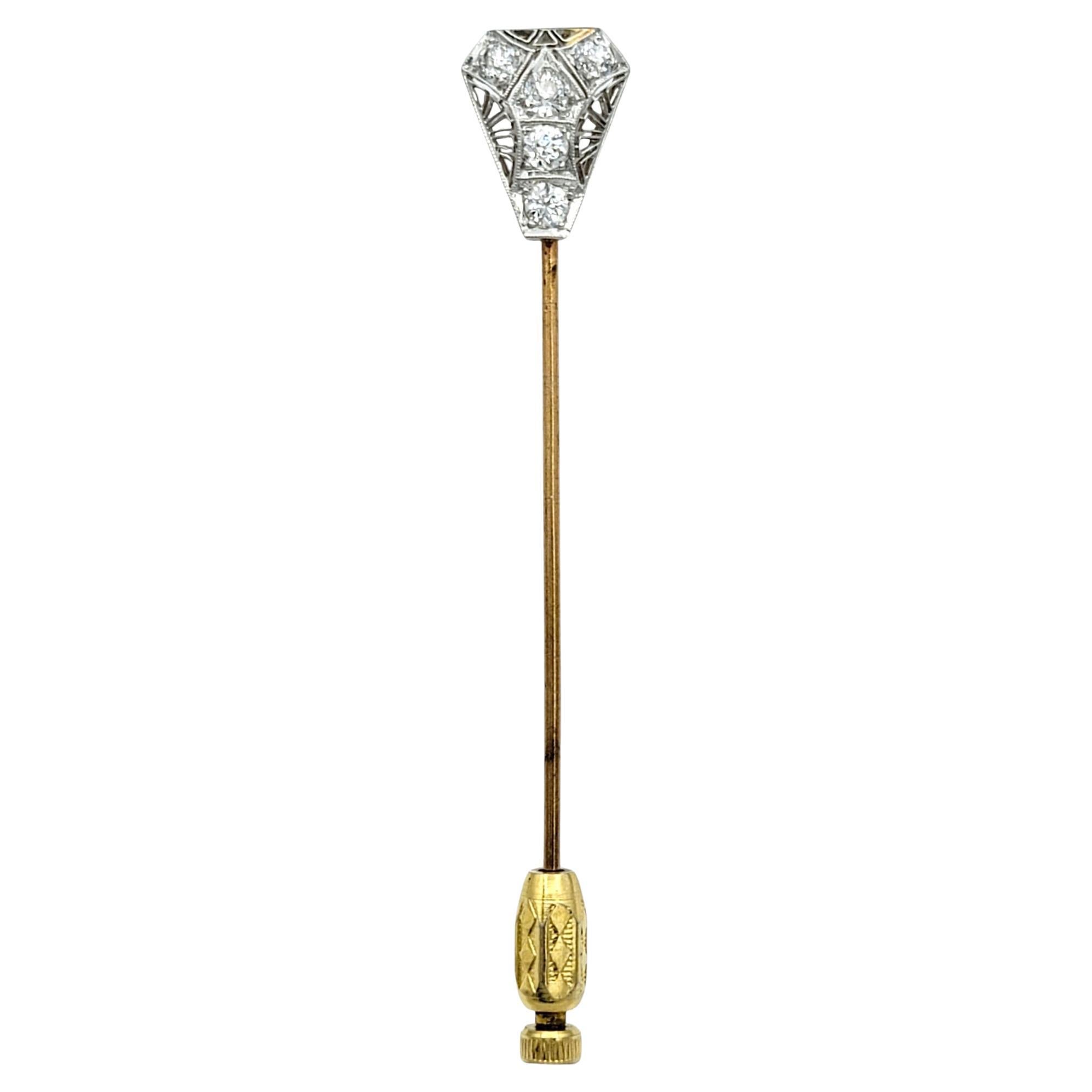 Vintage Old Mine Cut Diamond and Filigree Stick Pin in Yellow Gold and Platinum