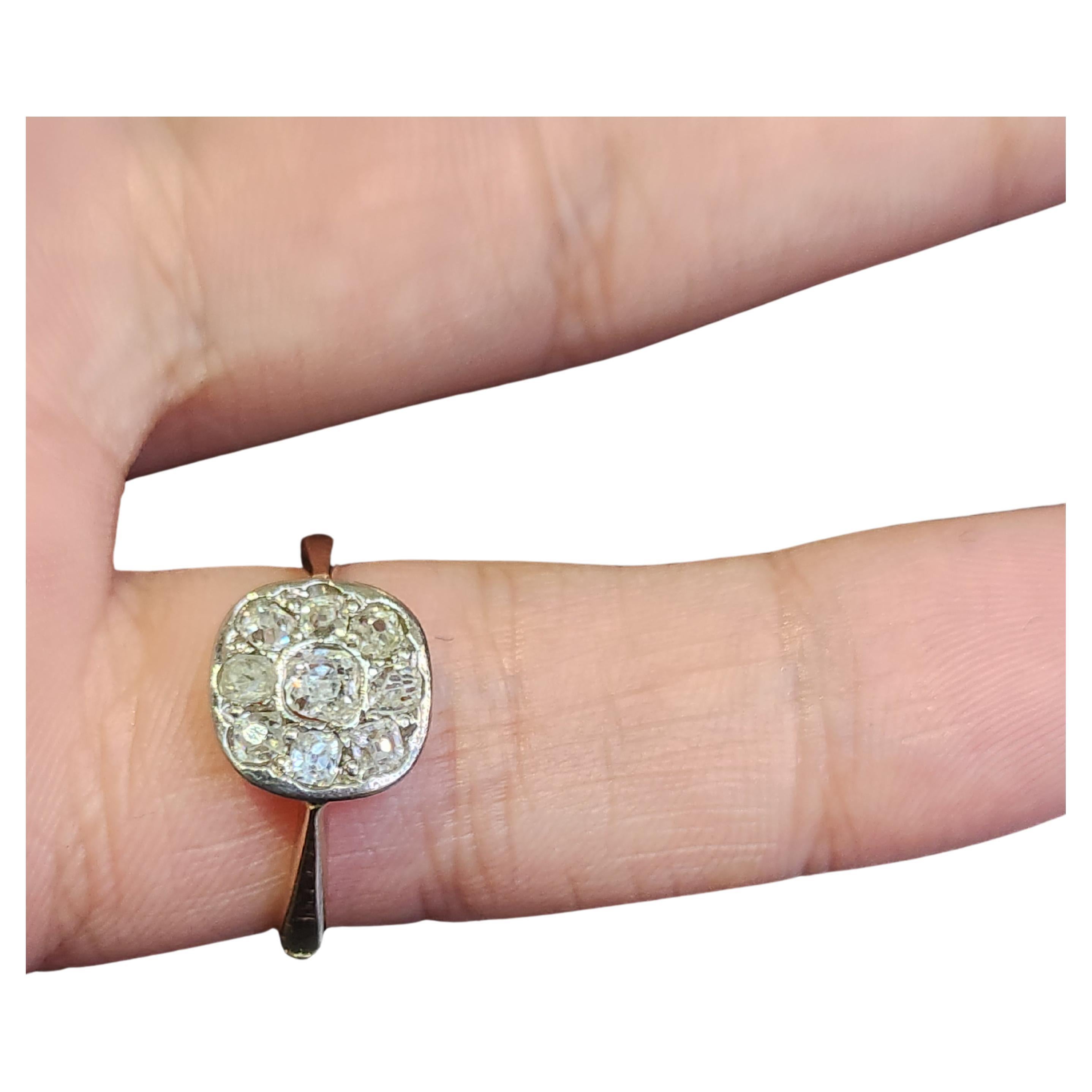 época soviética década de 1940 anillo de oro de 14k con diamantes talla mina antigua 0,65 quilates en cabeza de anillo cuadrado designe excelente chispa de diamantes hall marcado 583 estándar de oro soviético y marca inicial del fabricante