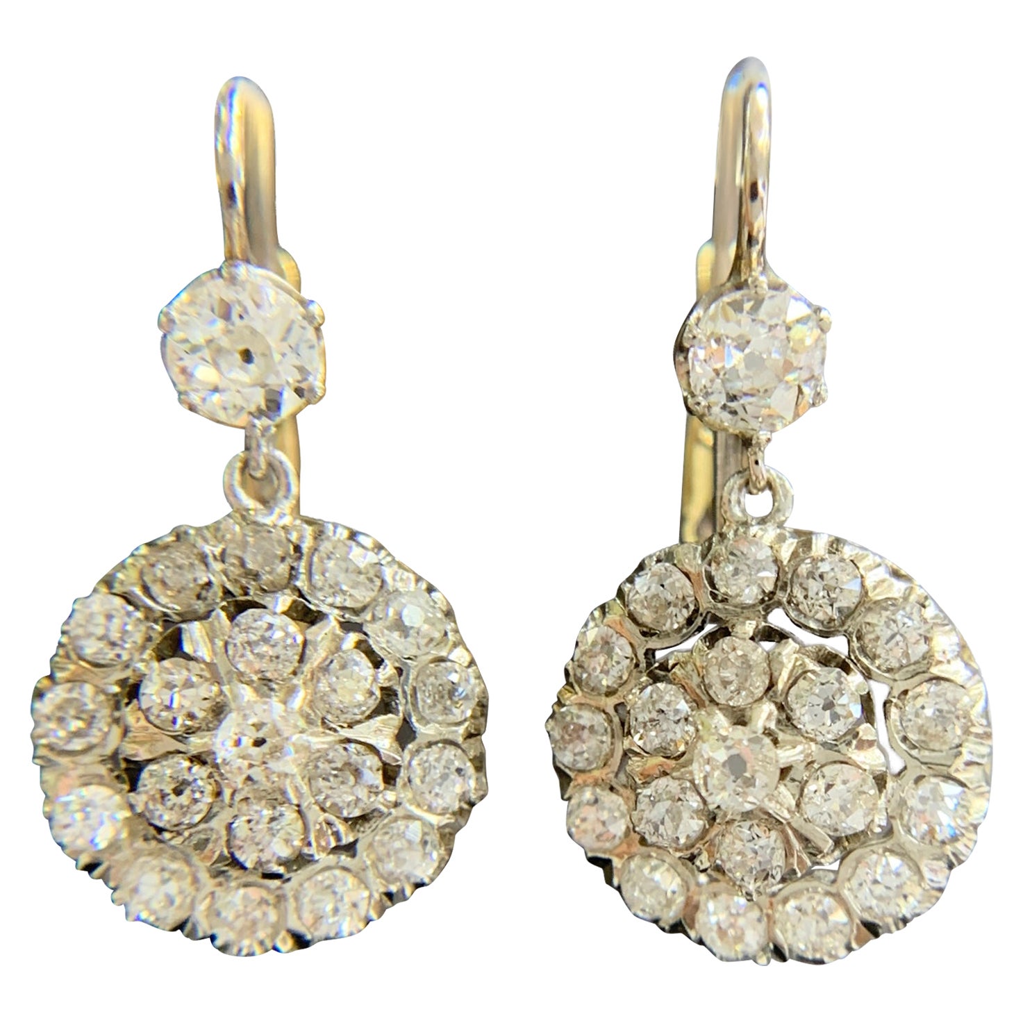 Vintage Old Mine Cut Diamond Drop Earrings Silver/Gold