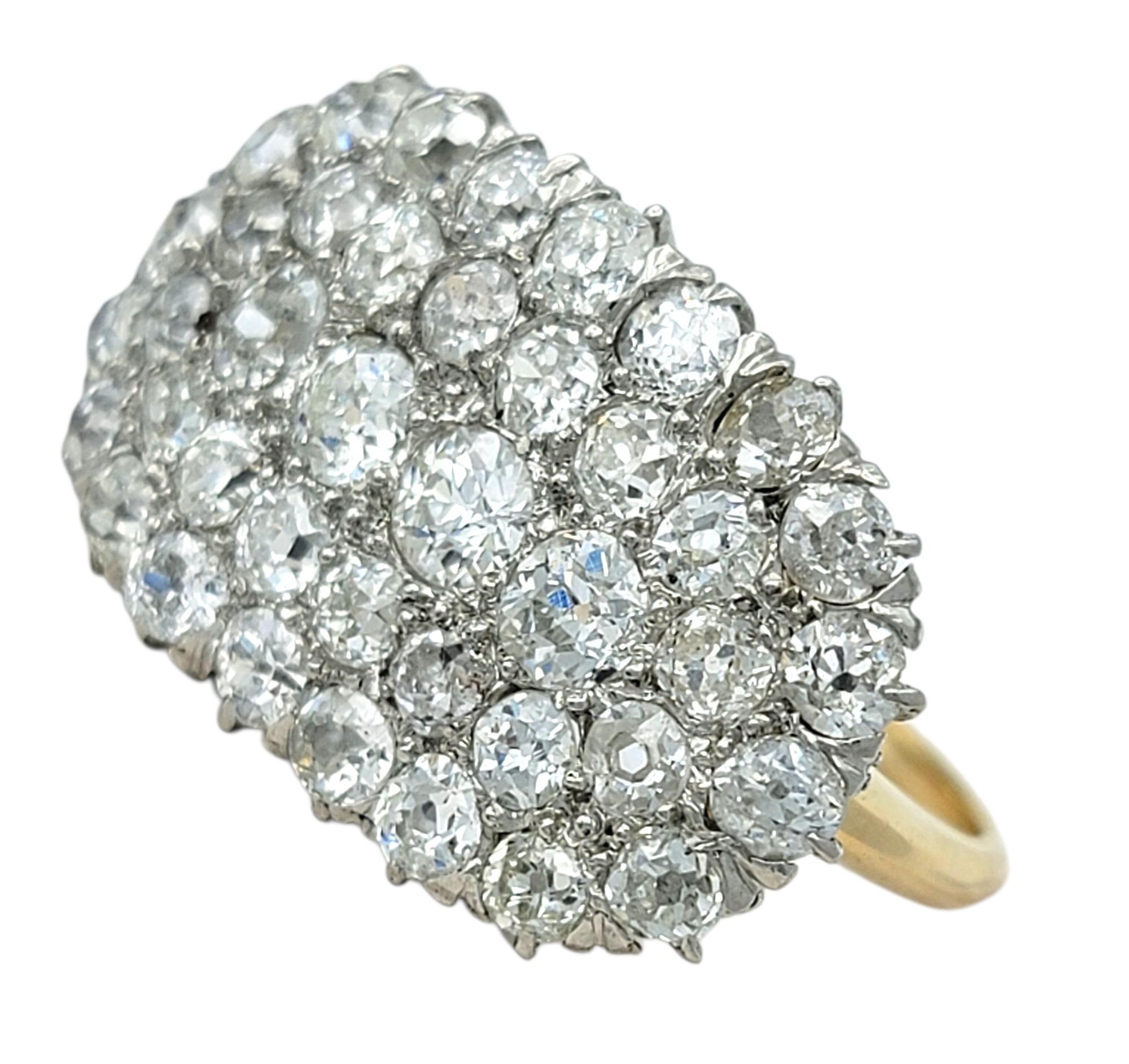 Contemporary Vintage Old Mine Cut Diamond East West Cluster Ring in Polished 14 Karat Gold For Sale