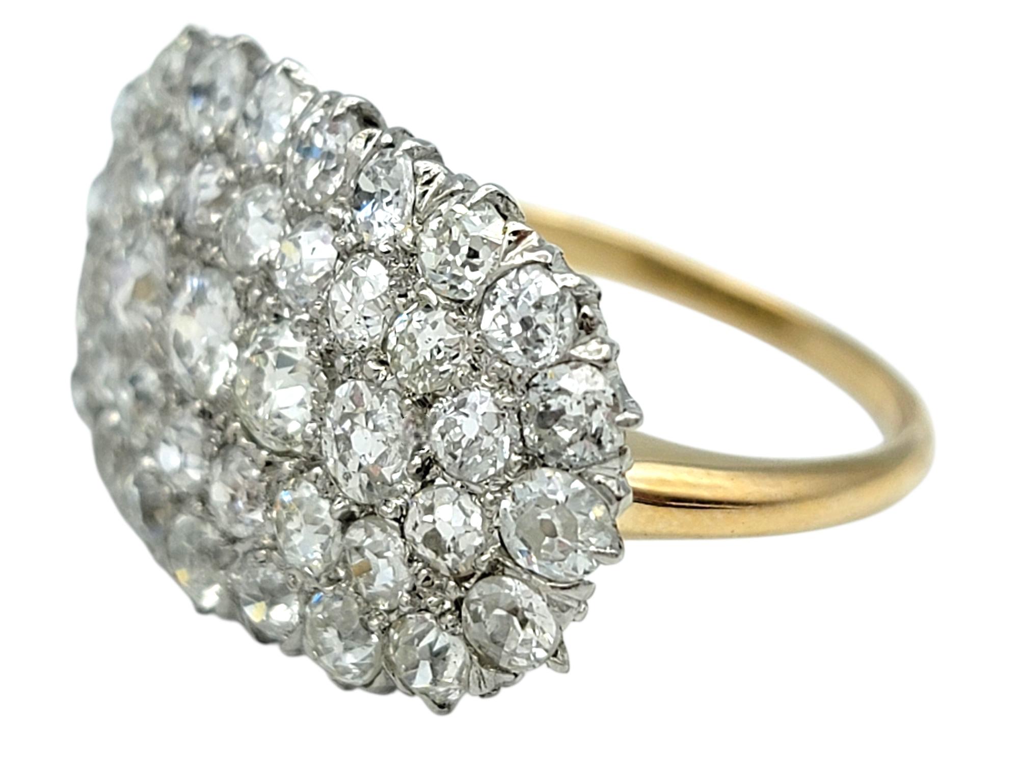 Vintage Old Mine Cut Diamond East West Cluster Ring in Polished 14 Karat Gold In Good Condition For Sale In Scottsdale, AZ