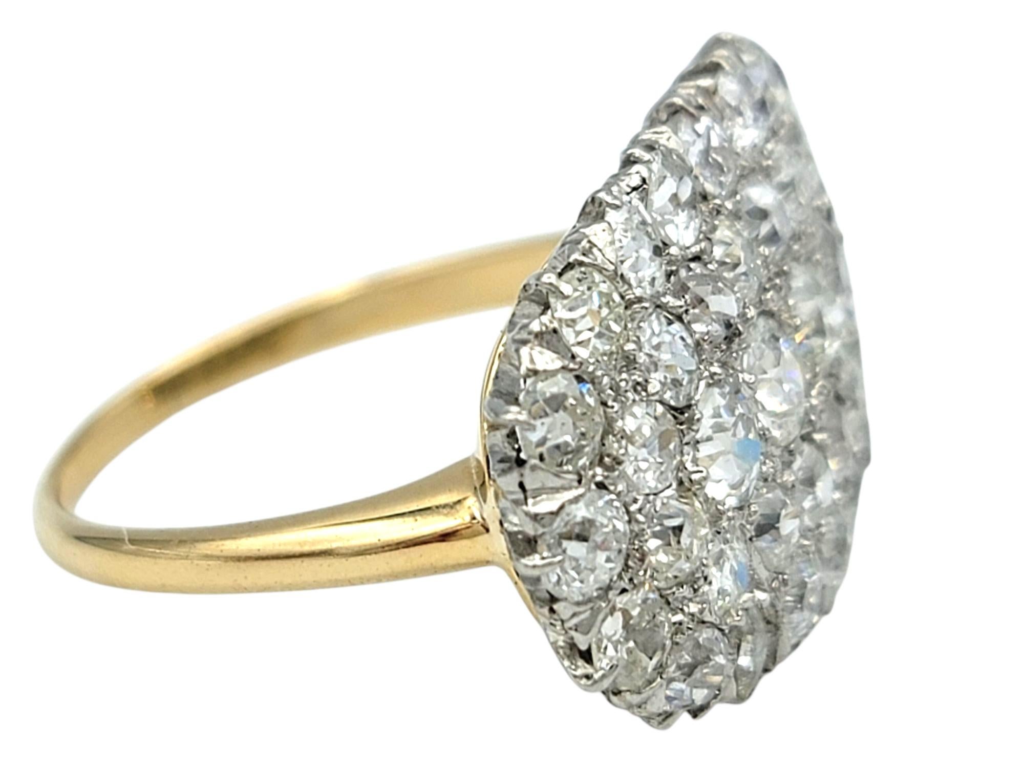 Women's Vintage Old Mine Cut Diamond East West Cluster Ring in Polished 14 Karat Gold For Sale