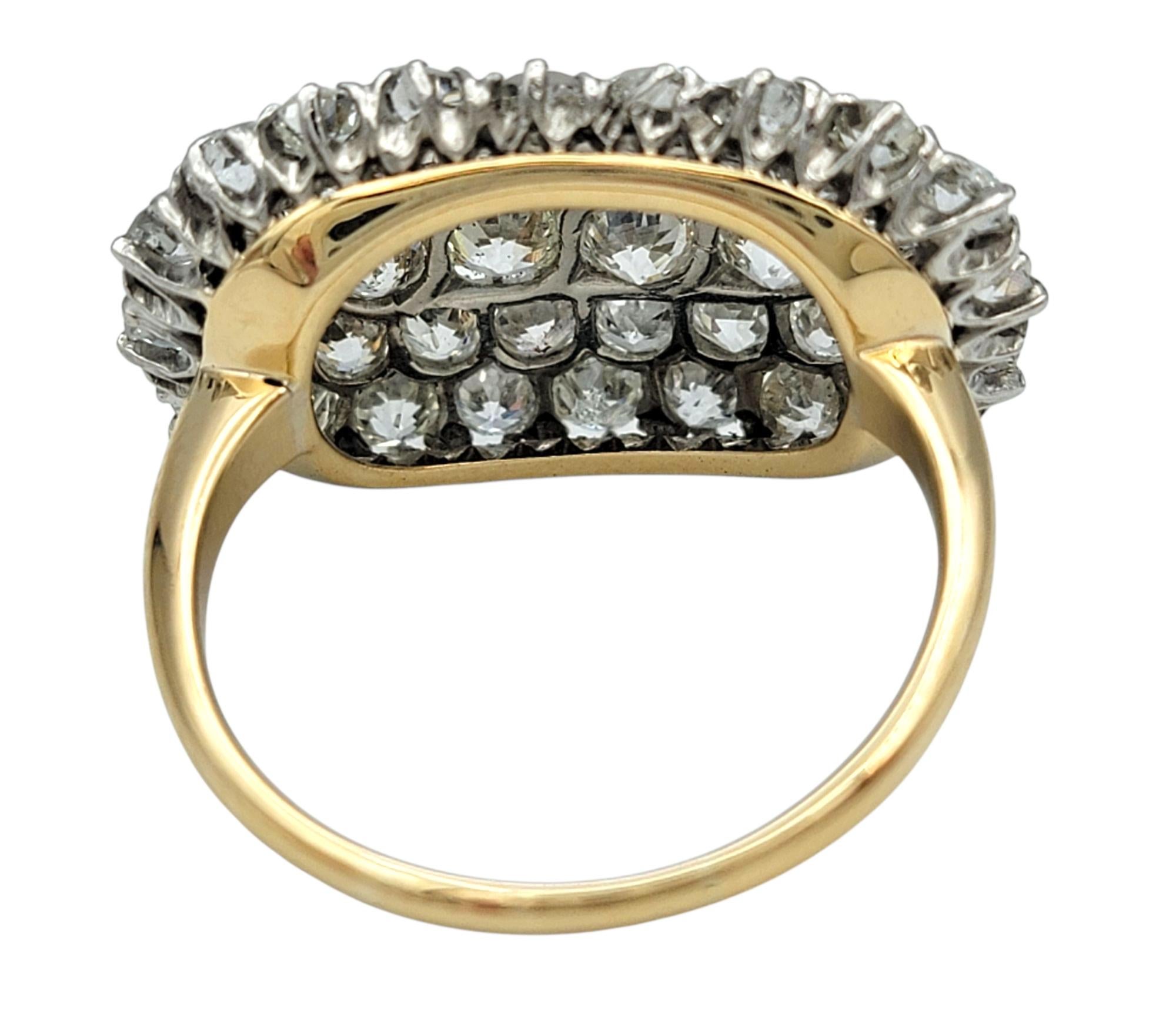 Vintage Old Mine Cut Diamond East West Cluster Ring in Polished 14 Karat Gold For Sale 1