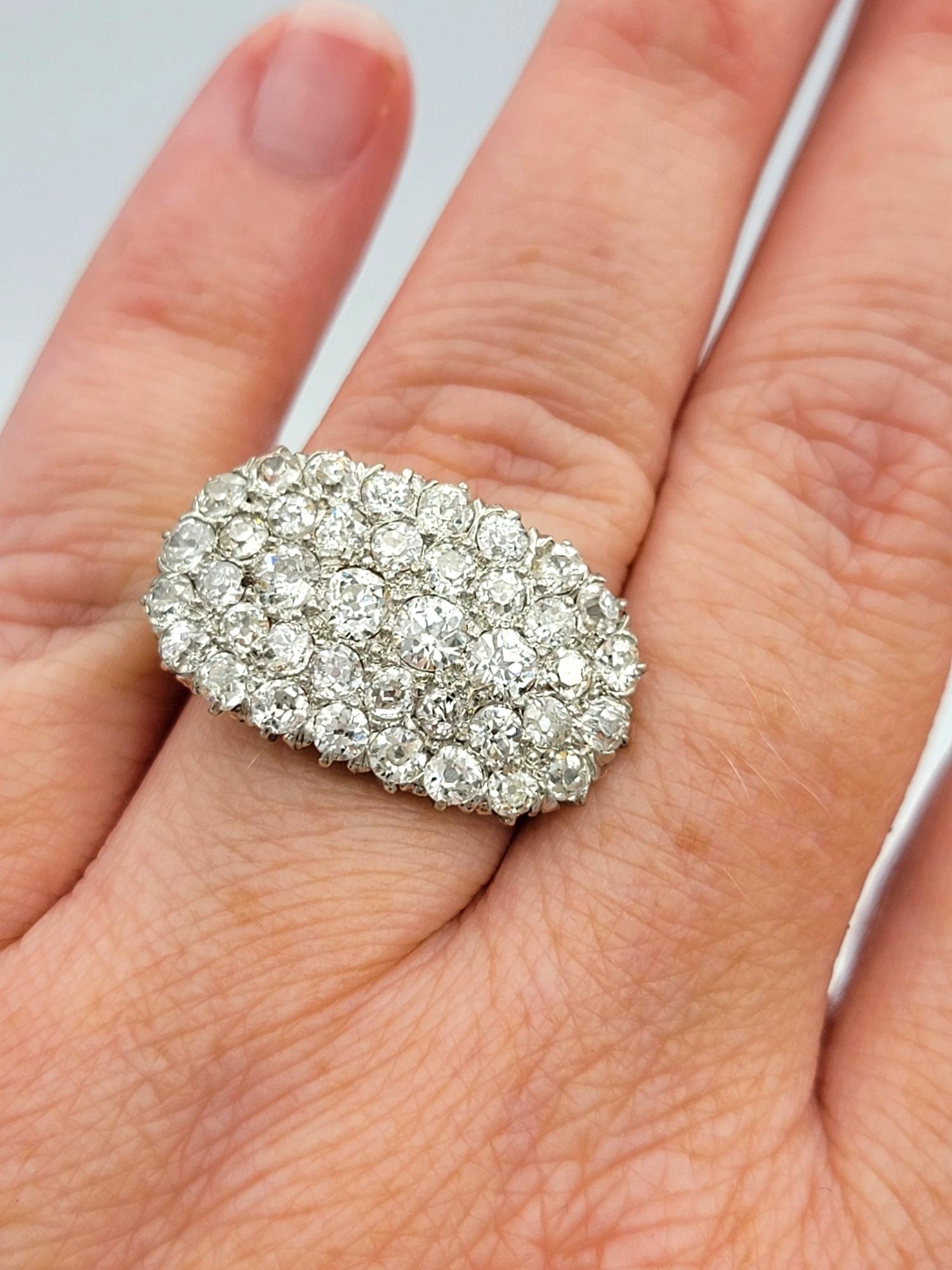 Vintage Old Mine Cut Diamond East West Cluster Ring in Polished 14 Karat Gold For Sale 3