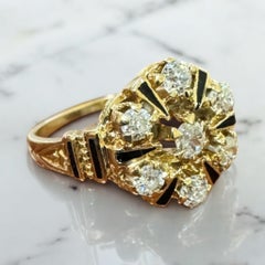 Vintage Old Mine Cut Diamond Emaille Gelbgold Cluster Ring