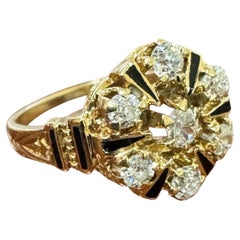 Vintage Old Mine Cut Diamond Enamel Yellow Gold Cluster Ring