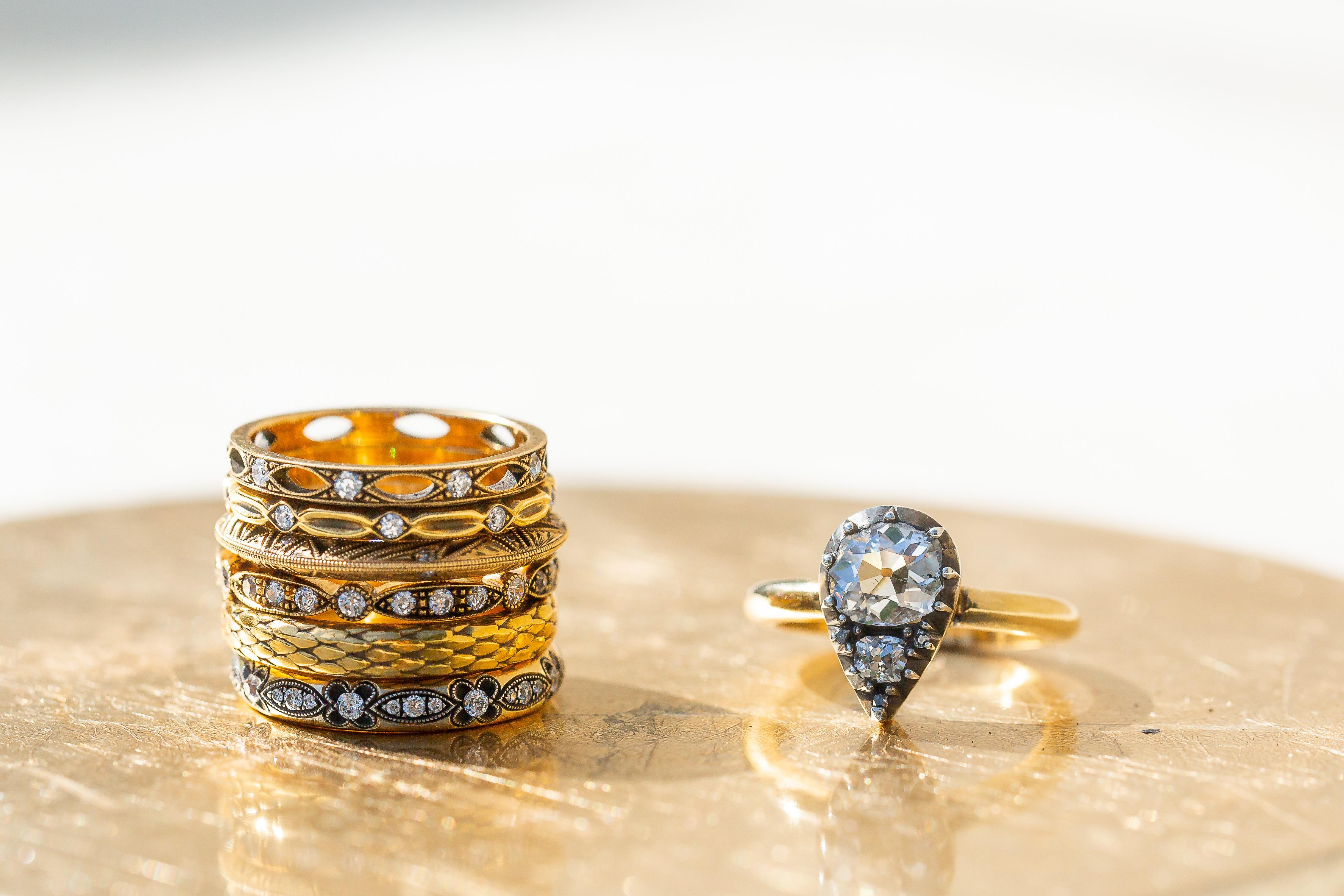 Women's 1.25 Carat Old Mine Cut Diamonds Set in a Handcrafted Yellow Gold & Silver Ring