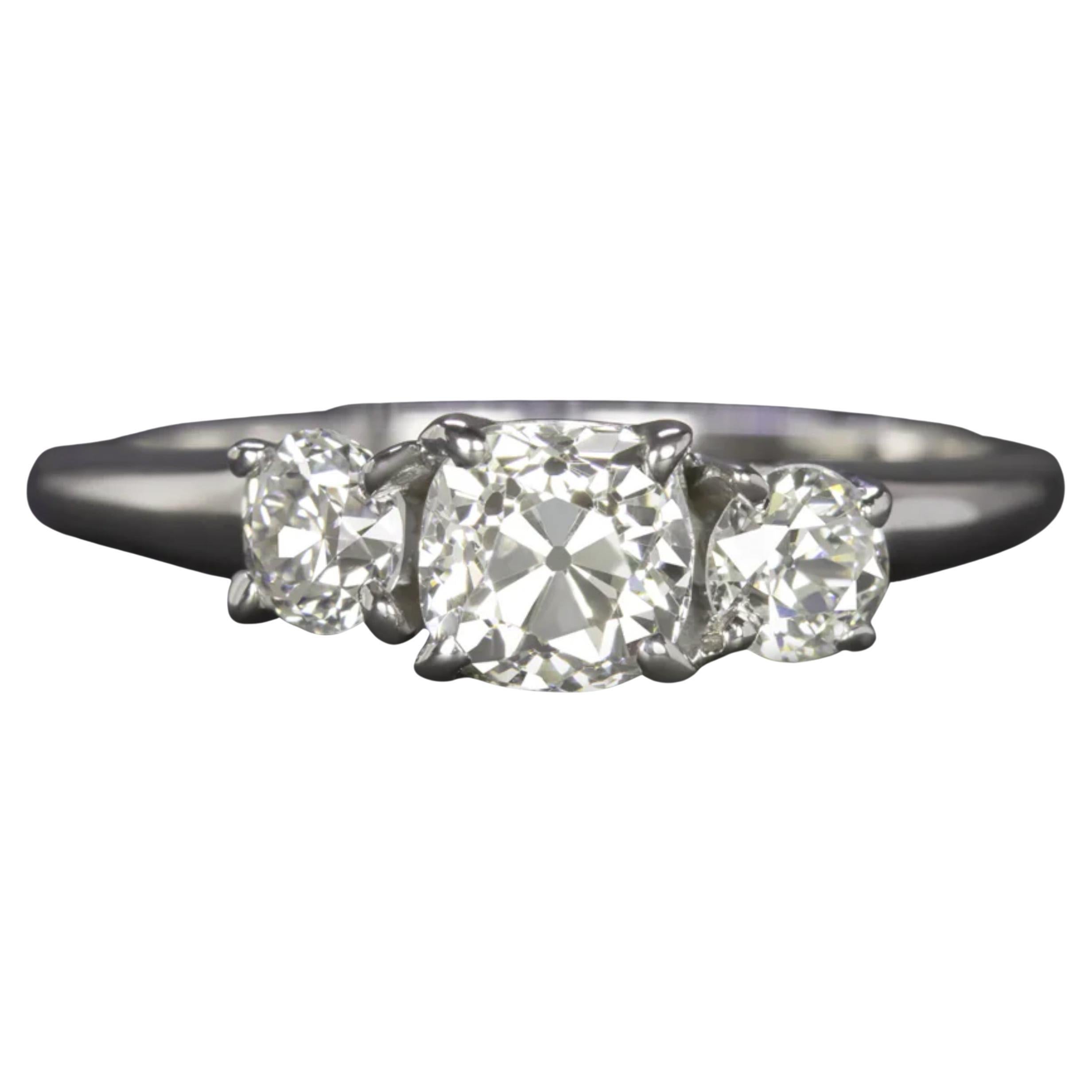 Vintage Old Mine Cut Diamond Three-Stone Engagement Ring in 14k White Gold