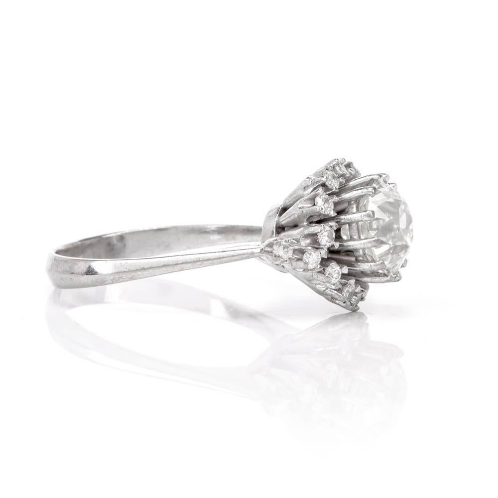 Vintage Old Mine Diamond Platinum Engagement Ring In Excellent Condition In Miami, FL