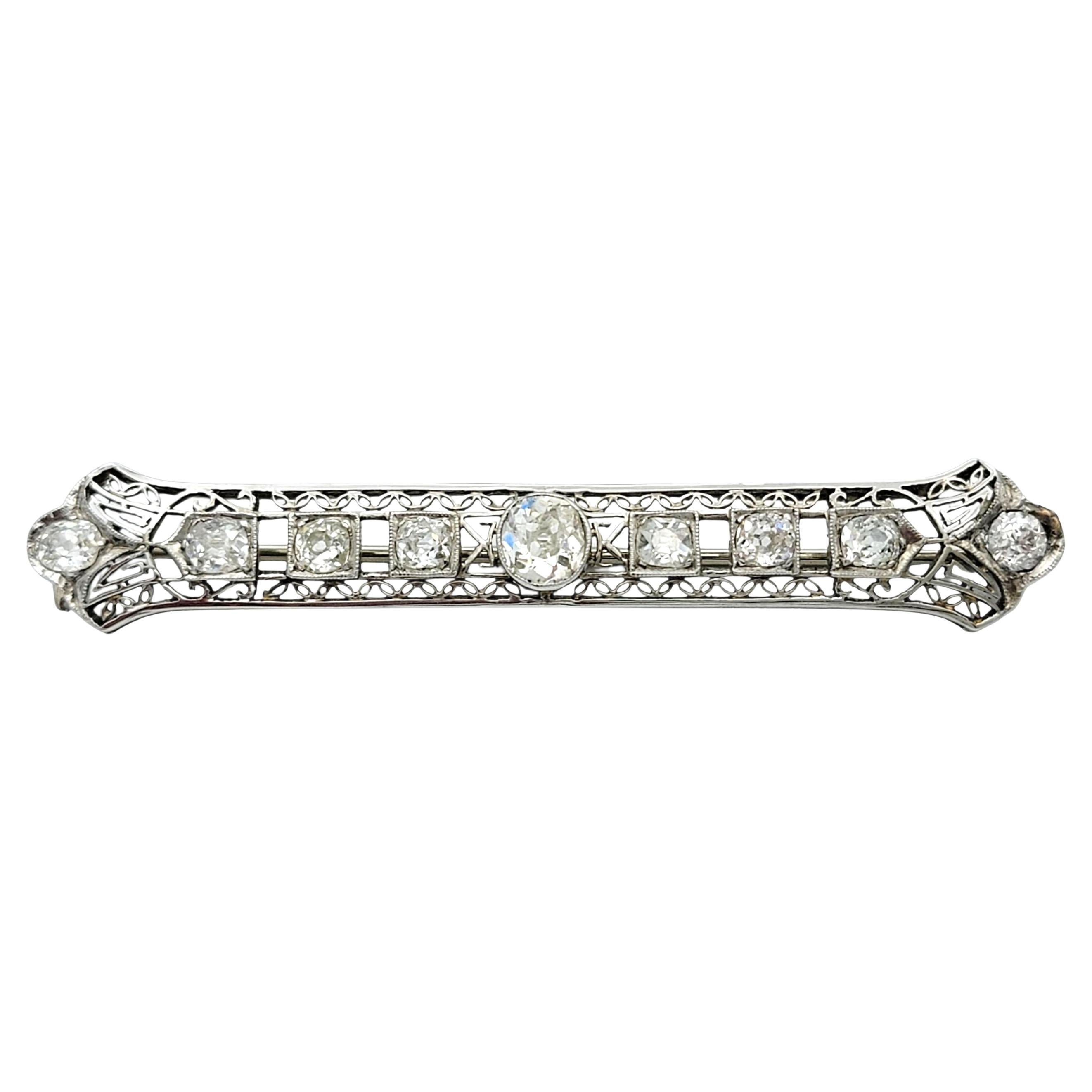 Vintage Old Mine e Old European Cut Diamond Filigree Bar Pin Oro bianco 18 carati