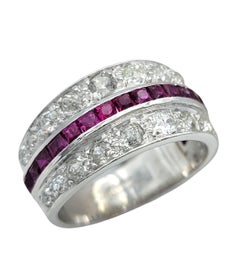 Vintage Old Mine & Old European Diamond and Ruby Band Ring 18 Karat White Gold