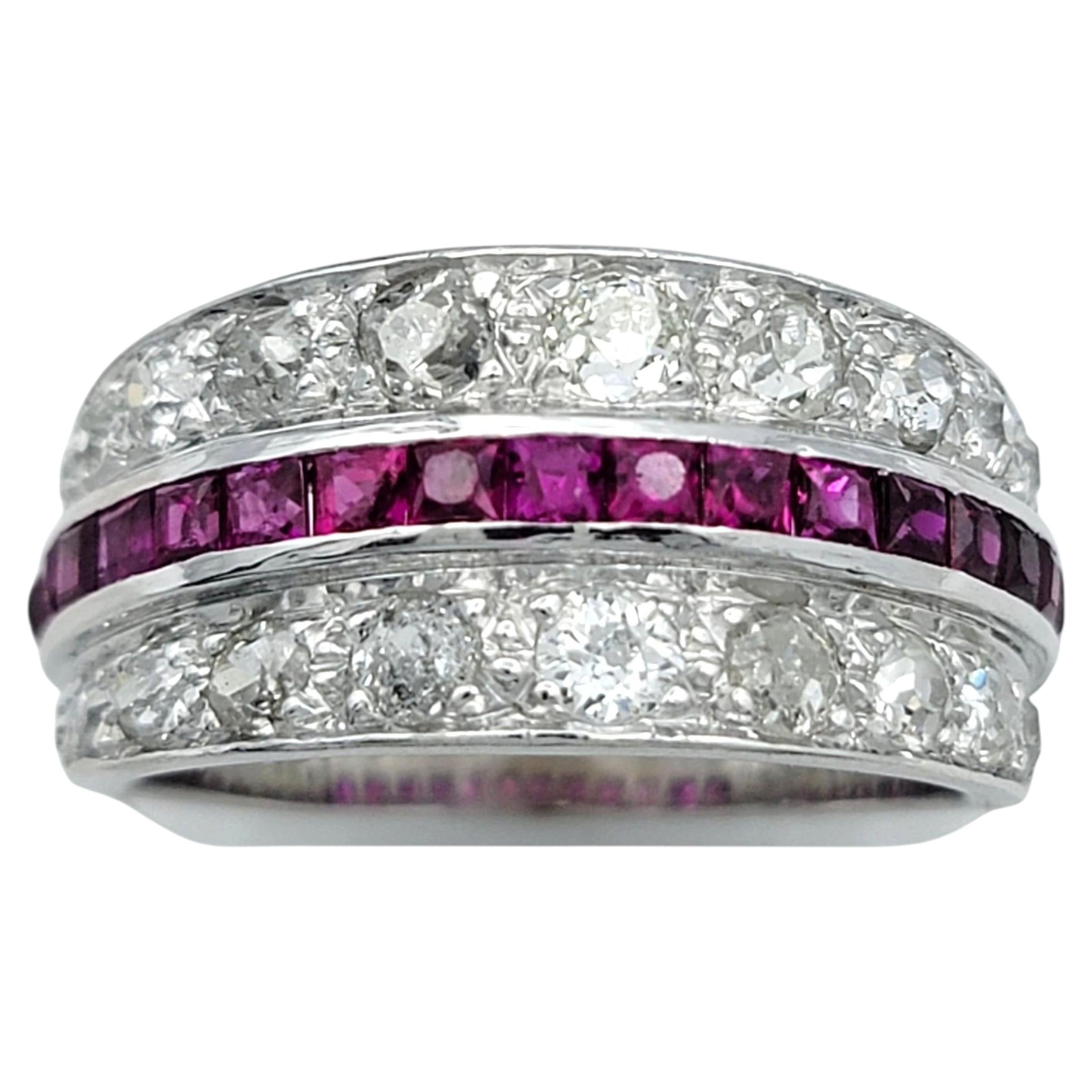 Vintage Old Mine & Old European Diamond and Ruby Band Ring 18 Karat White Gold