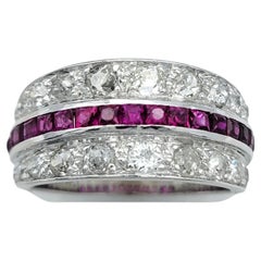 Vintage Old Mine & Old European Diamond and Ruby Band Ring 18 Karat White Gold