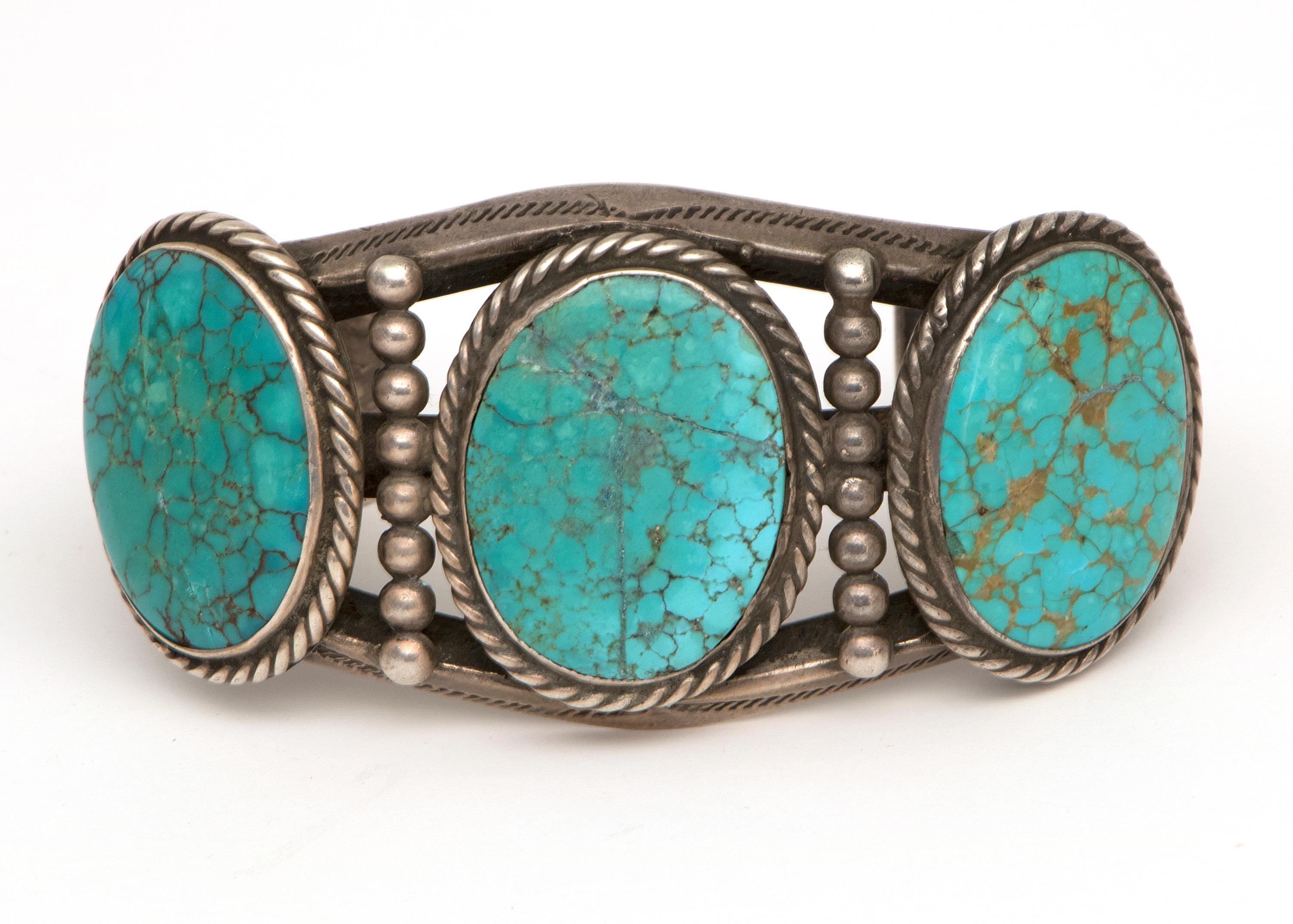Native American Vintage Old Pawn Navajo Bracelet with Silver and Turquoise, circa 1930