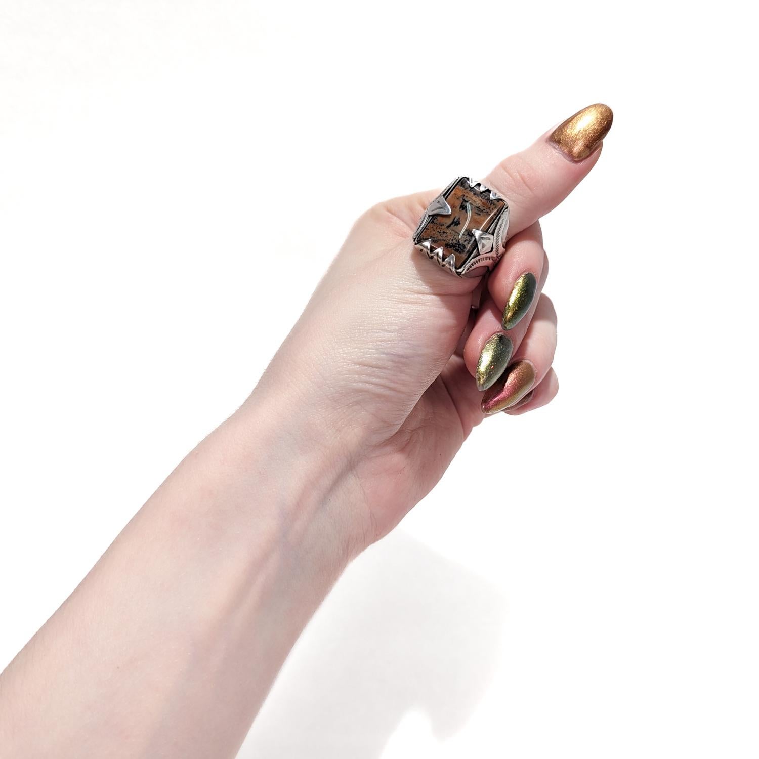 Vintage Old Pawn Navajo Silver & Petrified Wood Ring In Good Condition In Philadelphia, PA