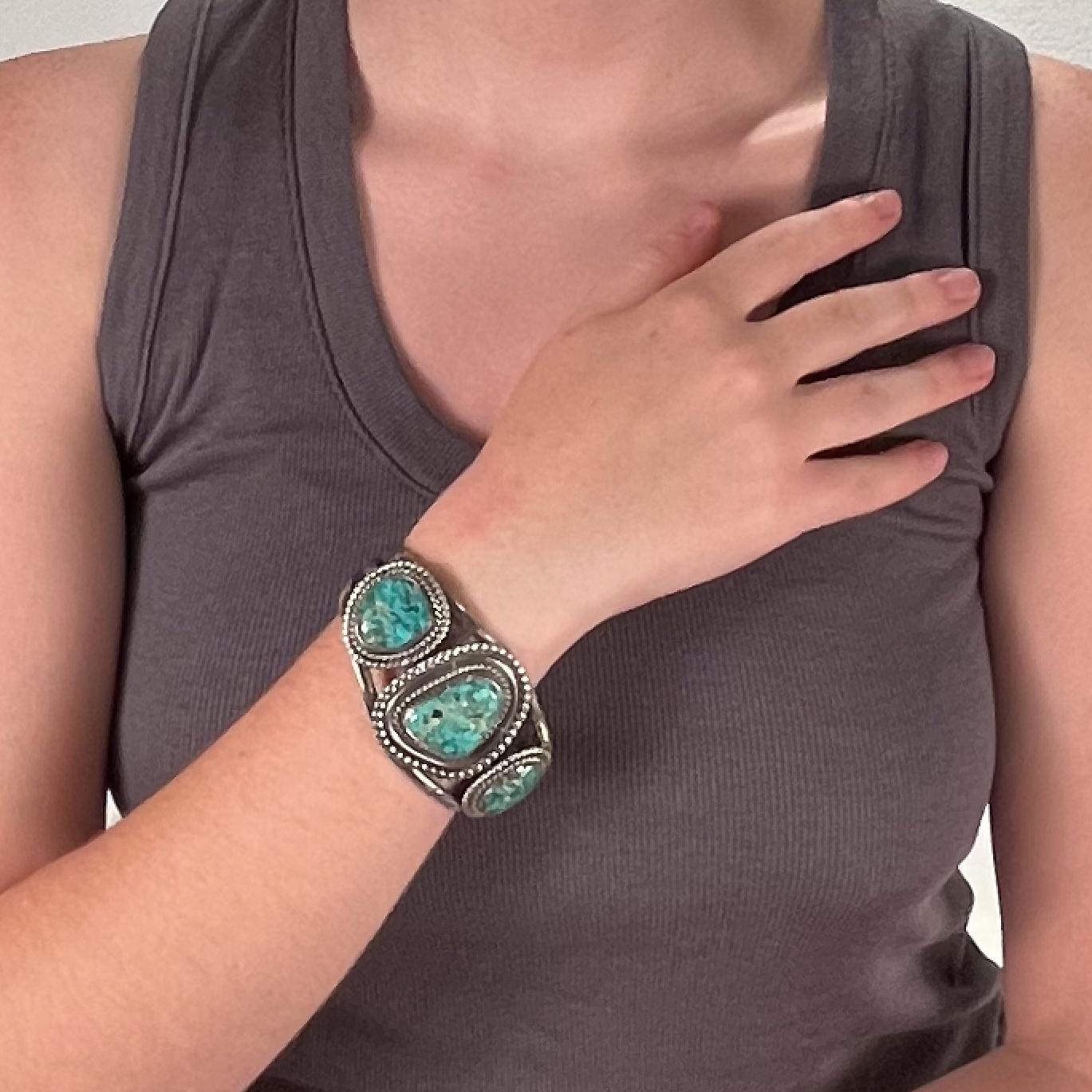 Vintage Old Pawn Navajo Silver & Turquoise Cuff Bracelet For Sale 1