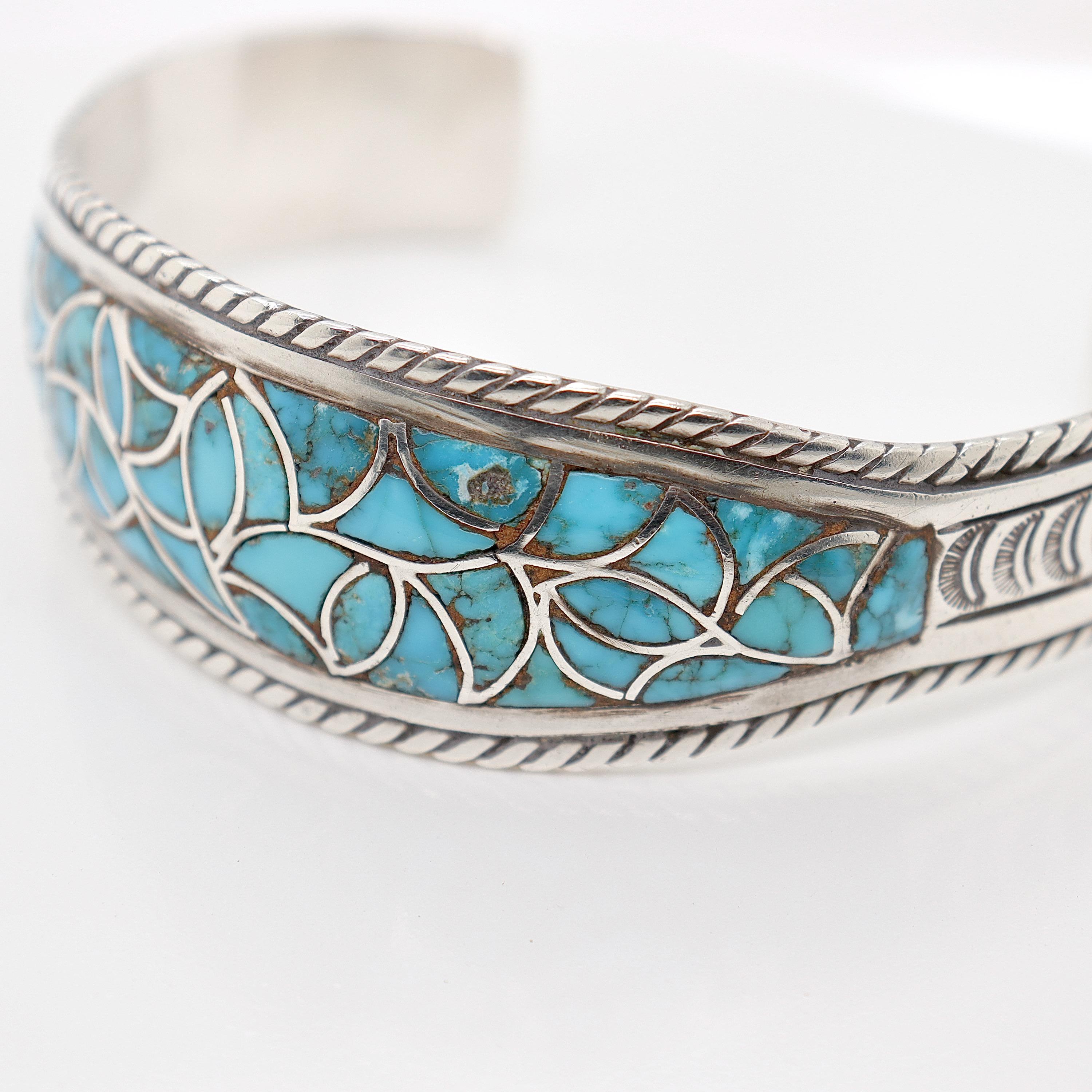 Bracelet manchette vintage Old Pawn Navajo en argent et turquoise en vente 6