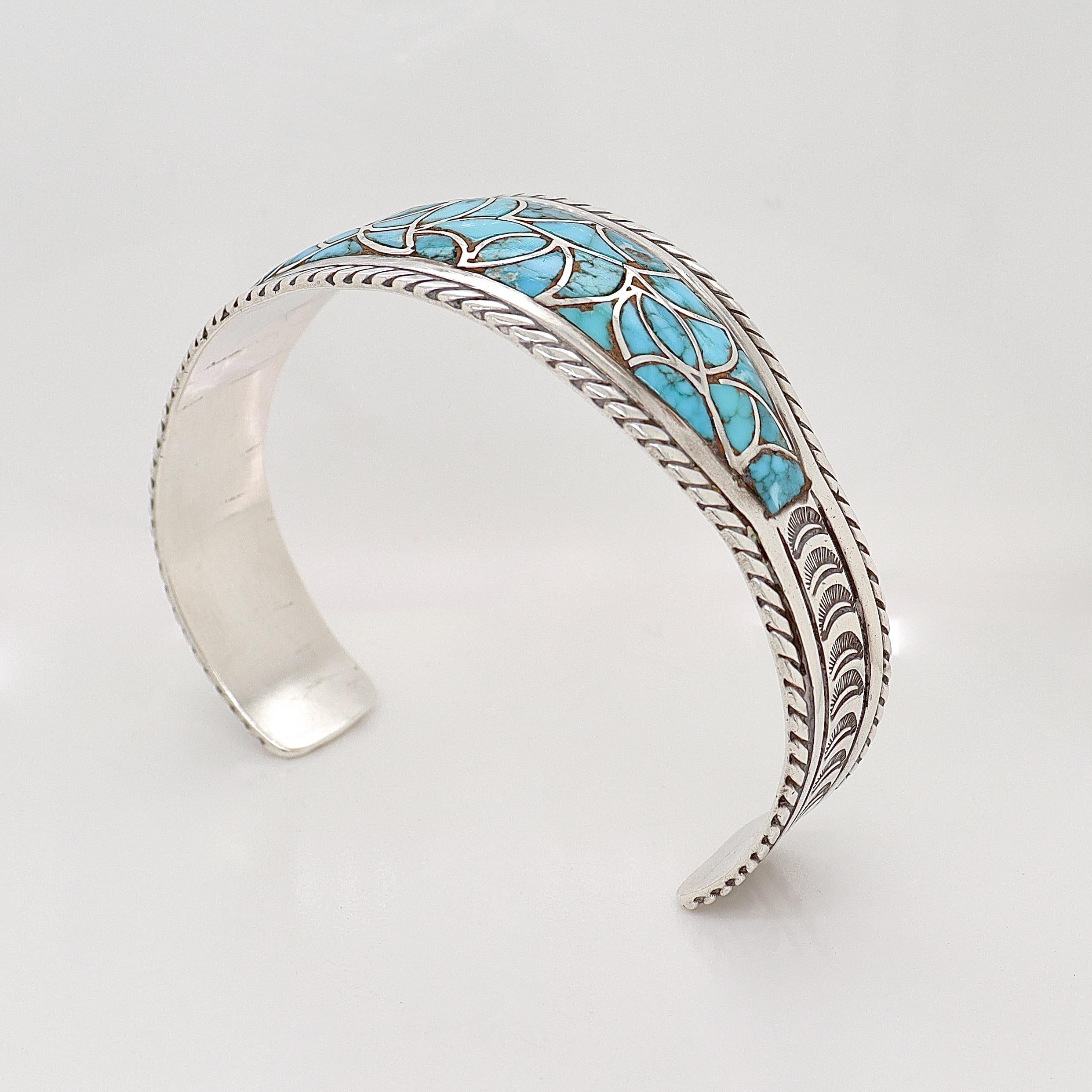 Taille ronde Bracelet manchette vintage Old Pawn Navajo en argent et turquoise en vente