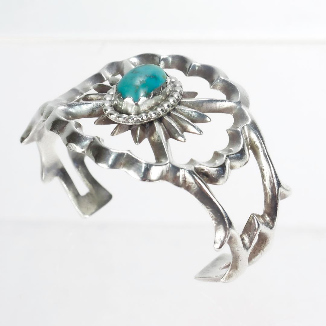 Cabochon Vintage Old Pawn Navajo Silver & Turquoise Cuff Bracelet  For Sale