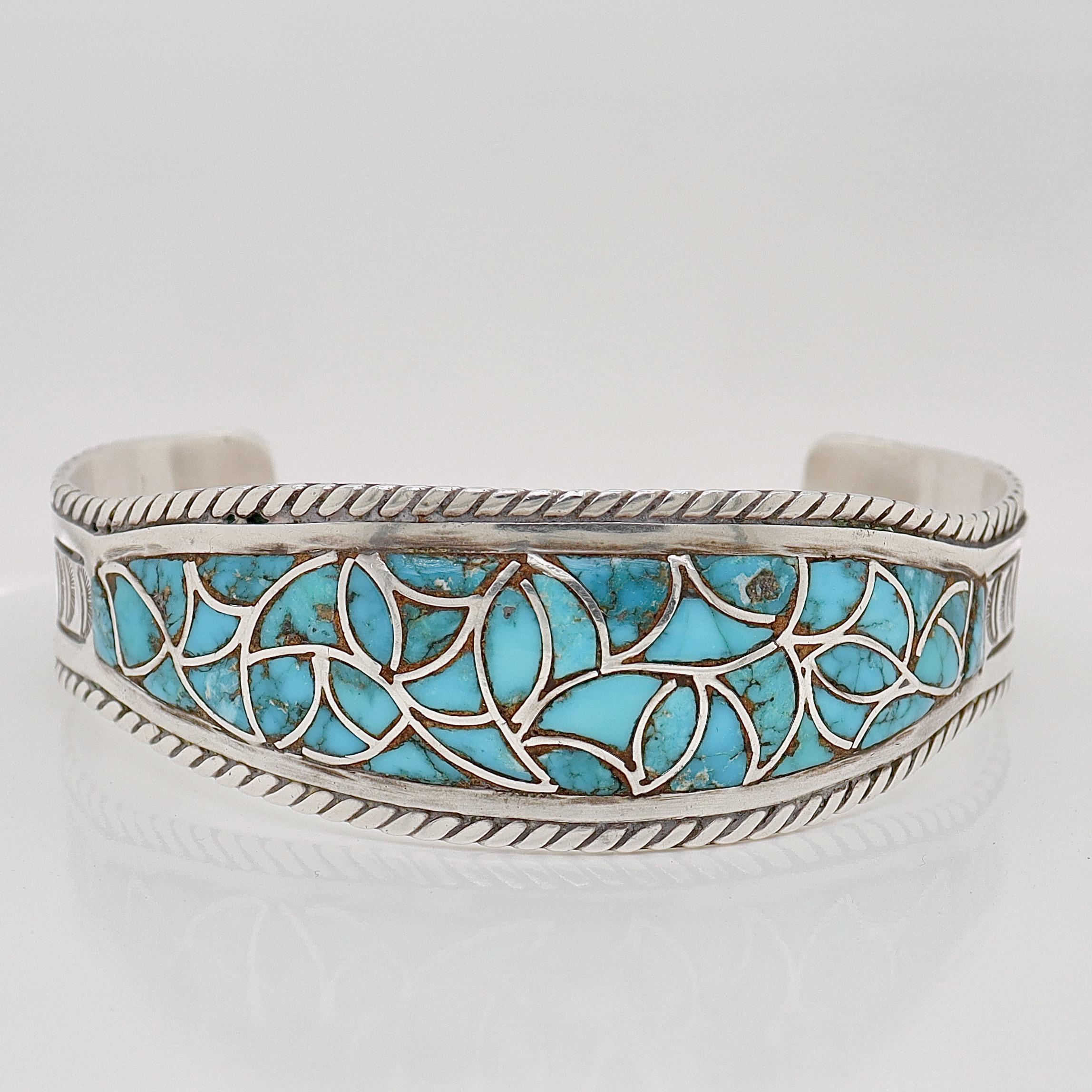 Native American Vintage Old Pawn Navajo Silver & Turquoise Cuff Bracelet For Sale