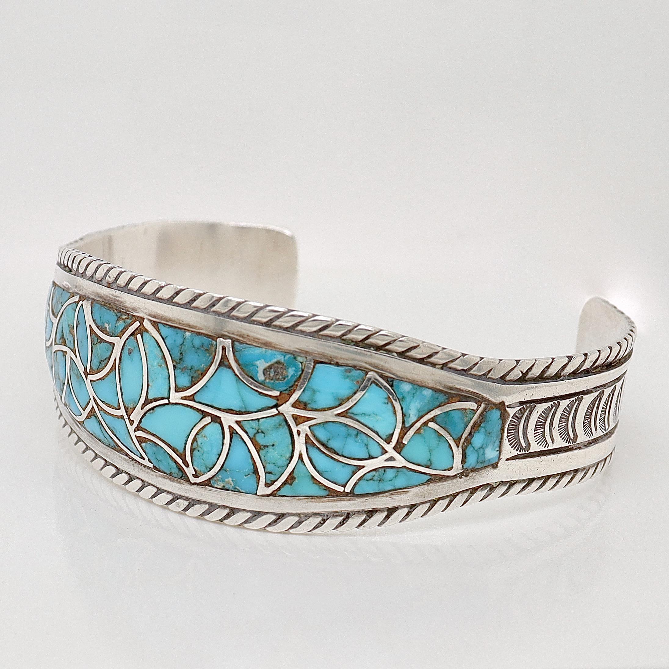 Round Cut Vintage Old Pawn Navajo Silver & Turquoise Cuff Bracelet For Sale