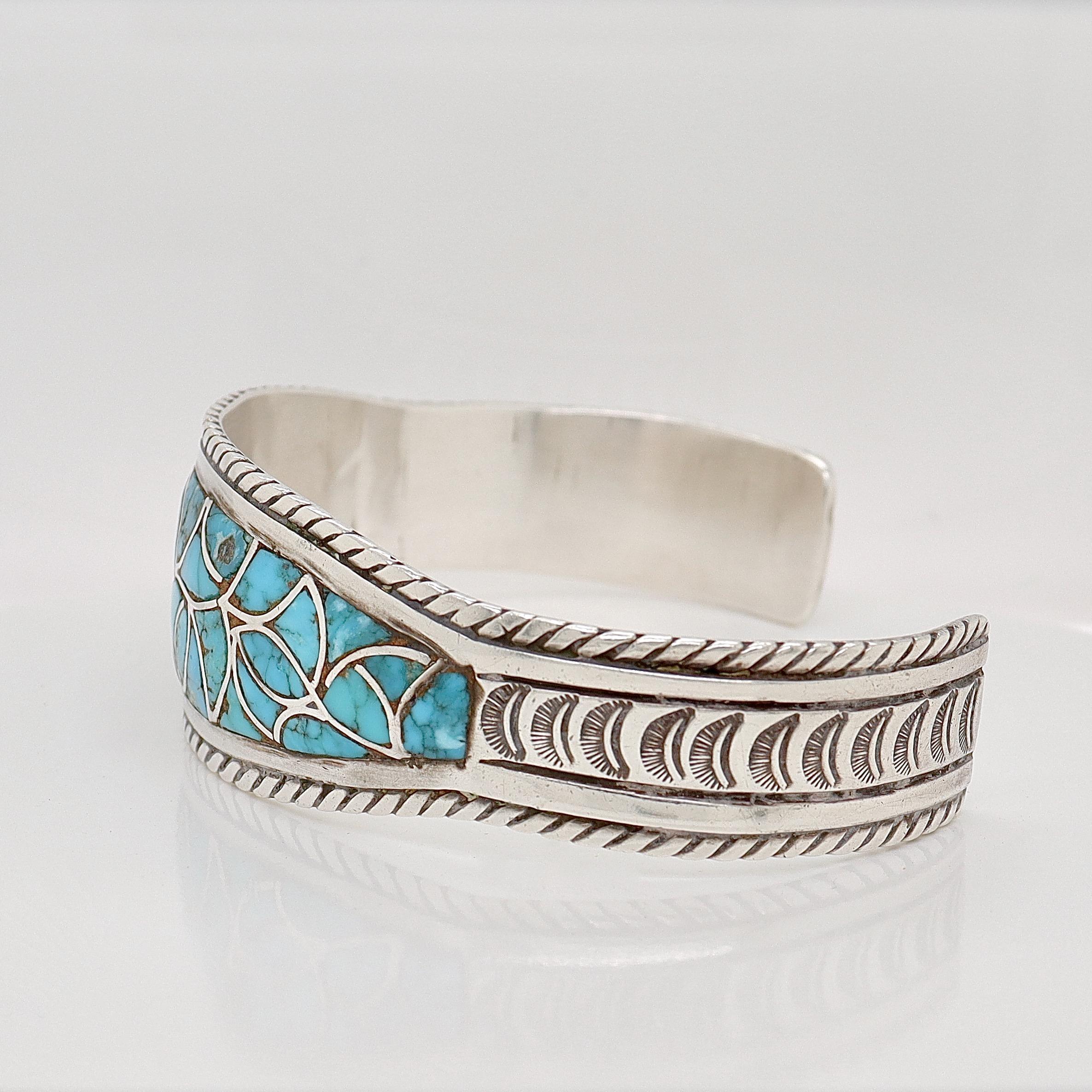 Bracelet manchette vintage Old Pawn Navajo en argent et turquoise en vente 2