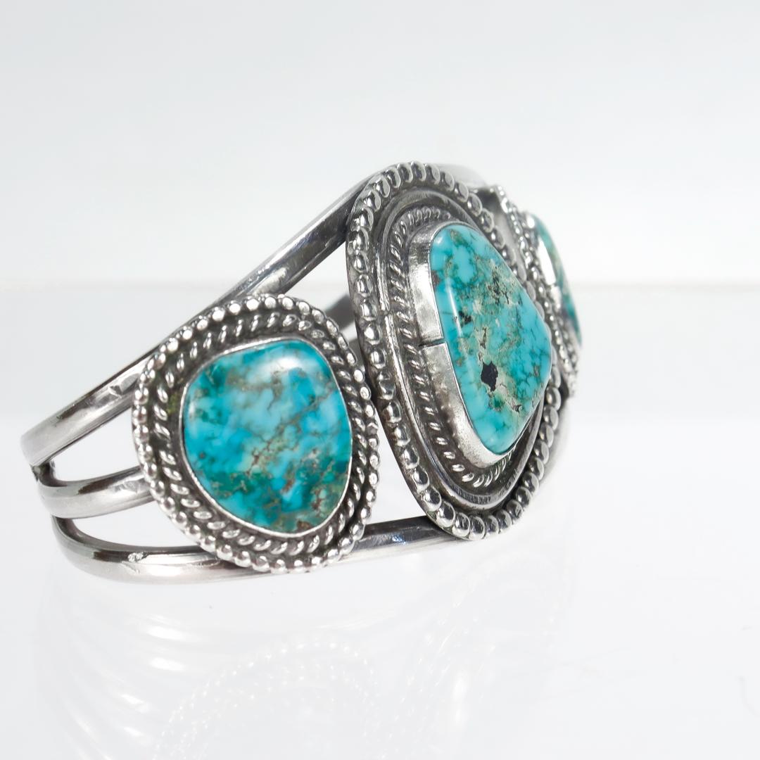 Women's or Men's Vintage Old Pawn Navajo Silver & Turquoise Cuff Bracelet  For Sale