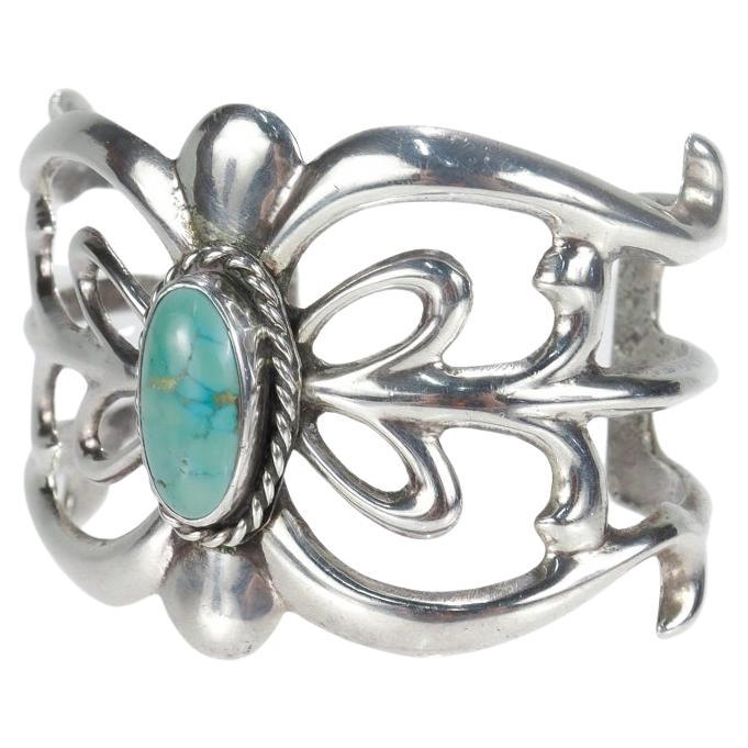 Bracelet manchette vintage Old Pawn Navajo en argent et turquoise en vente